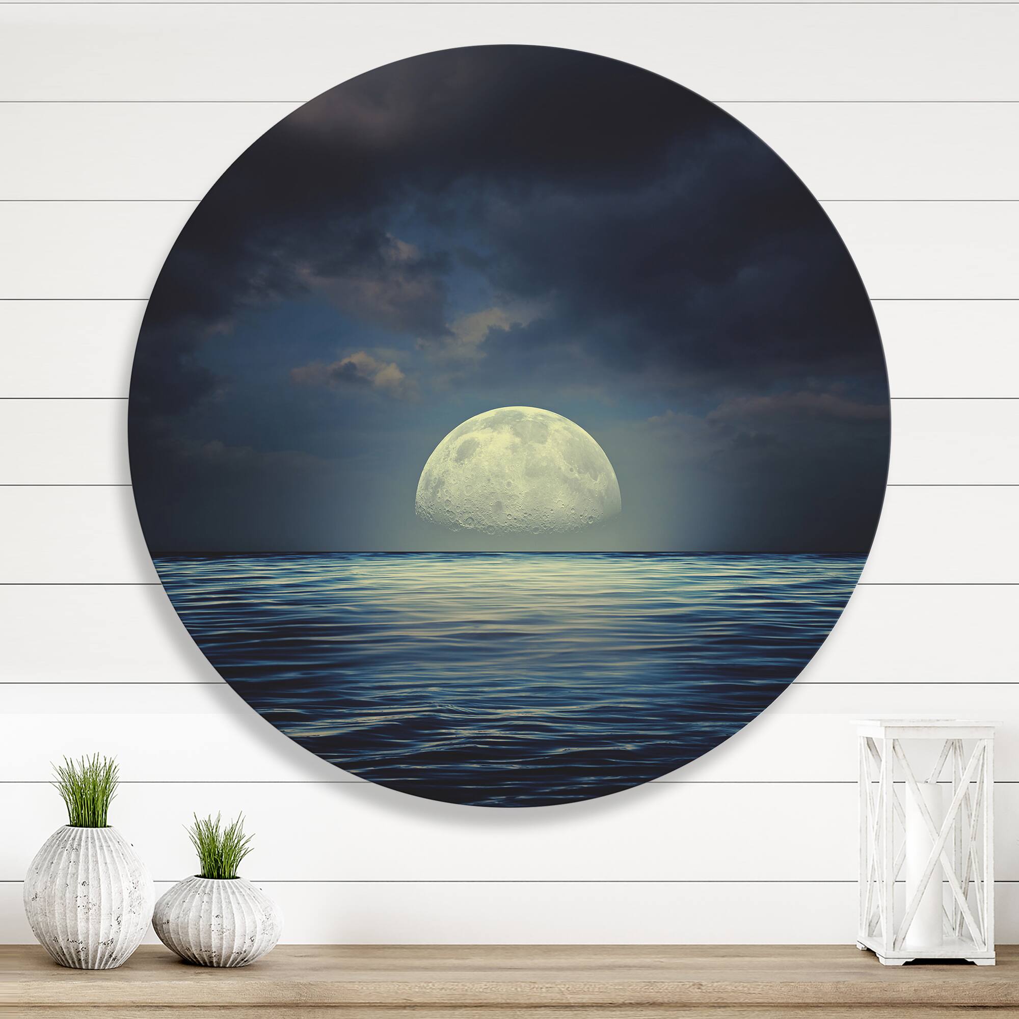 Designart - Super Moon Over The Sea II - Nautical &#x26; Coastal Metal Circle Wall Art