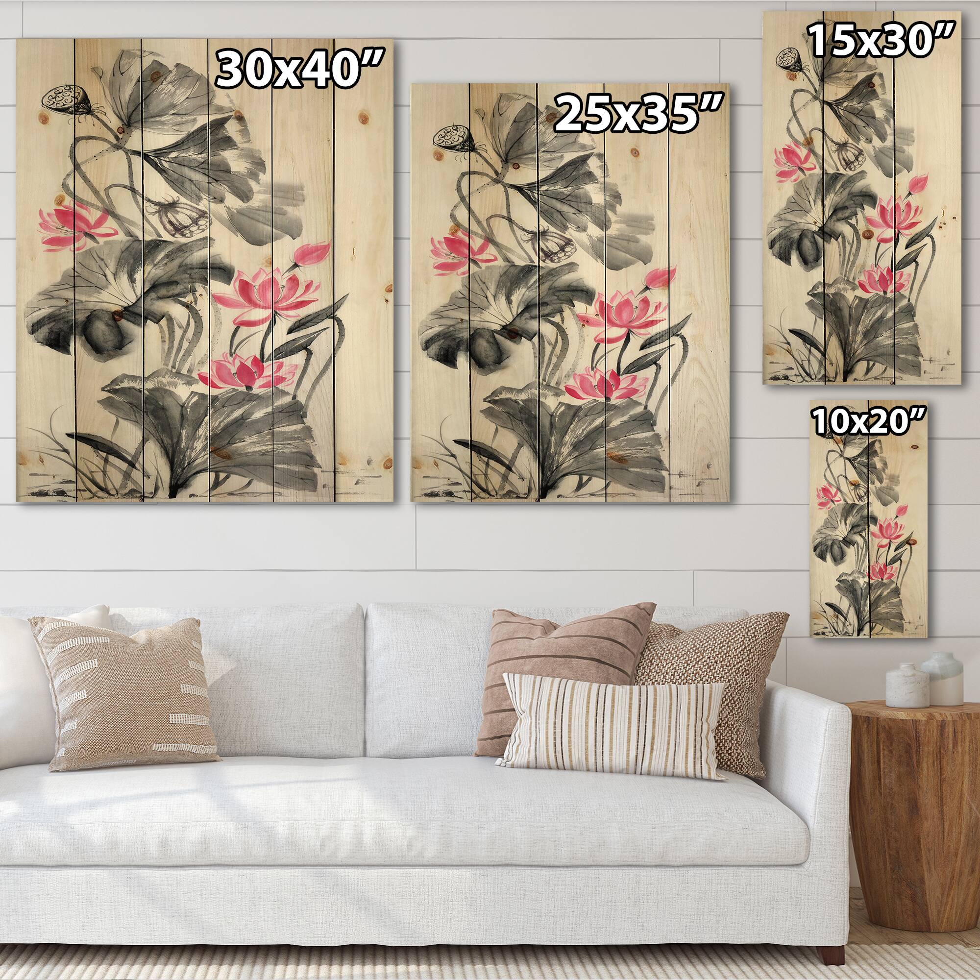 Designart - Pink Vintage Lotus Flower - Traditional Print on Natural Pine Wood