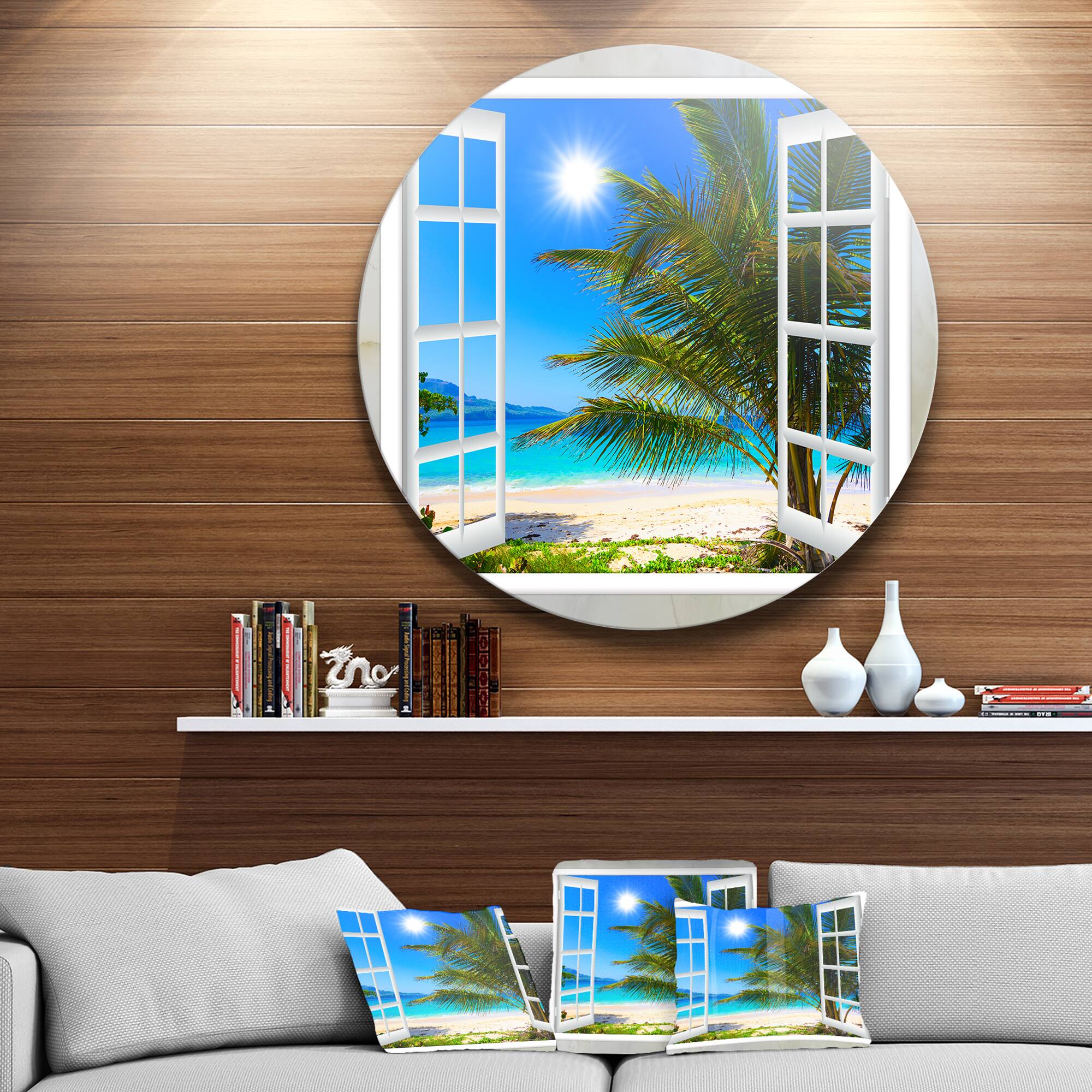 Designart - Window Open to Beach with Palm' Extra Large Seashore Metal Circle Wall Art