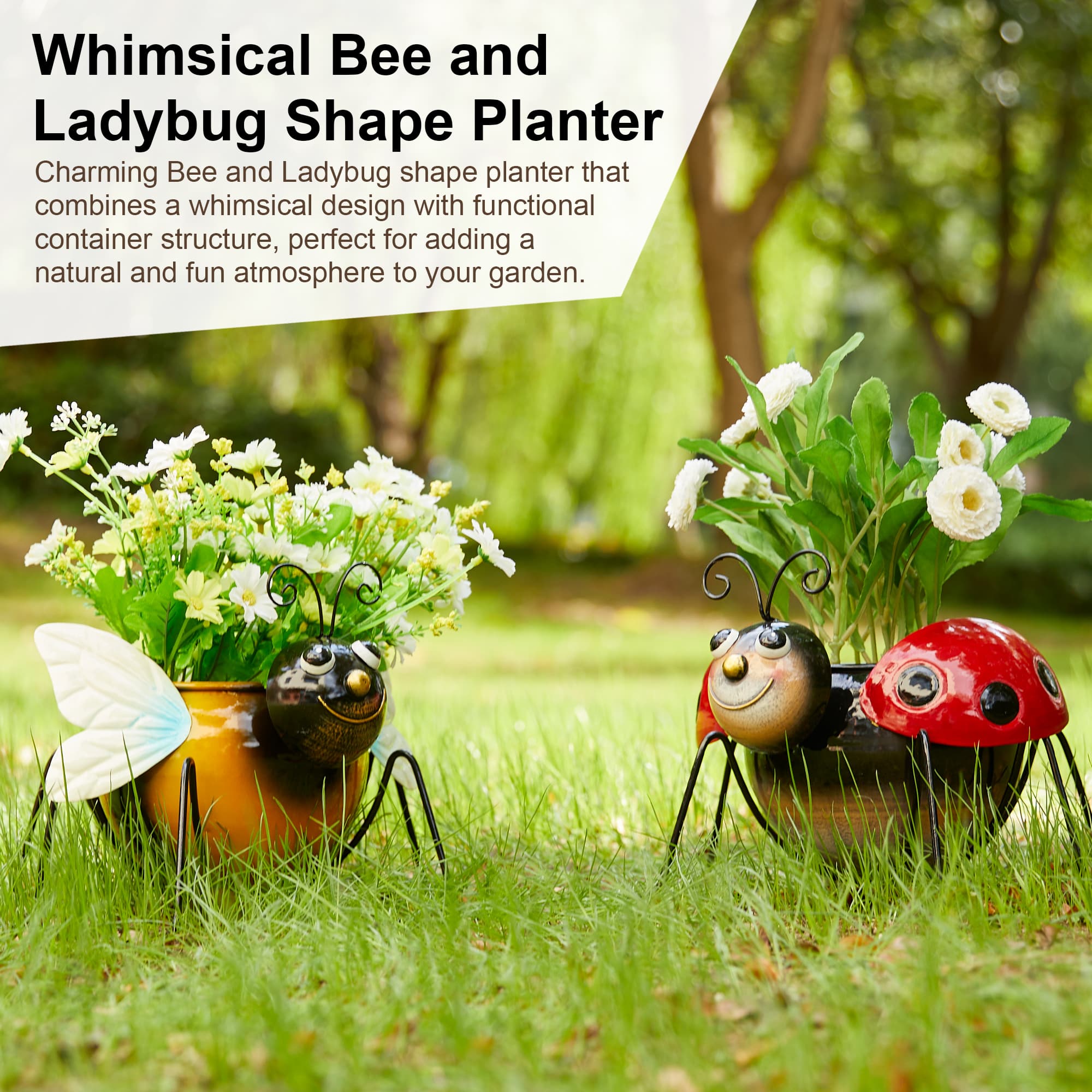 Glitzhome® 10" Bee & Ladybug Metal Statue Planter Set