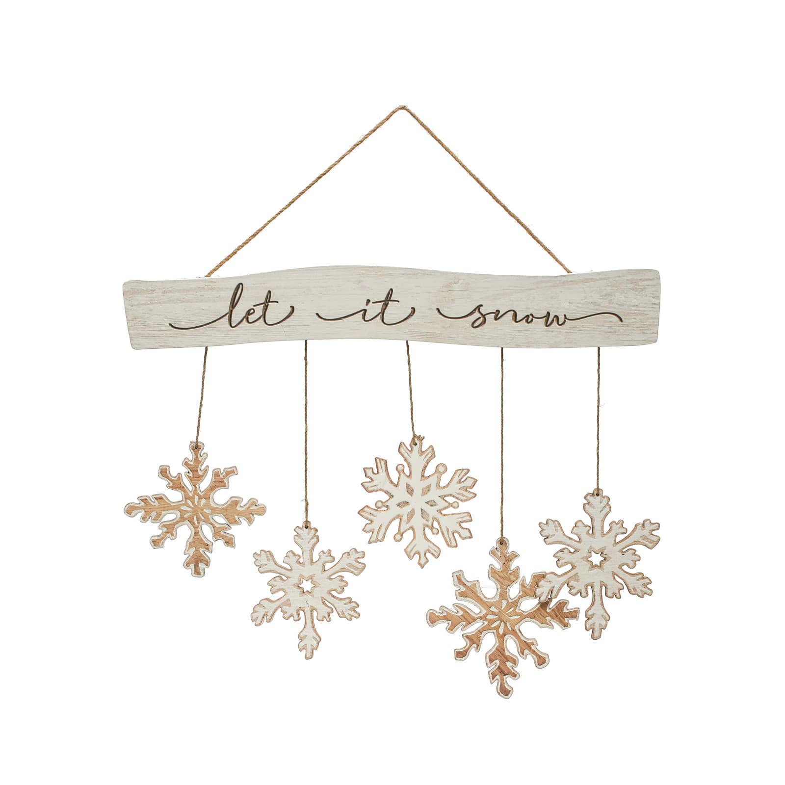 25.5&#x22; White &#x26; Brown Let It Snow Fir Wood Snowflake Wall Hanging