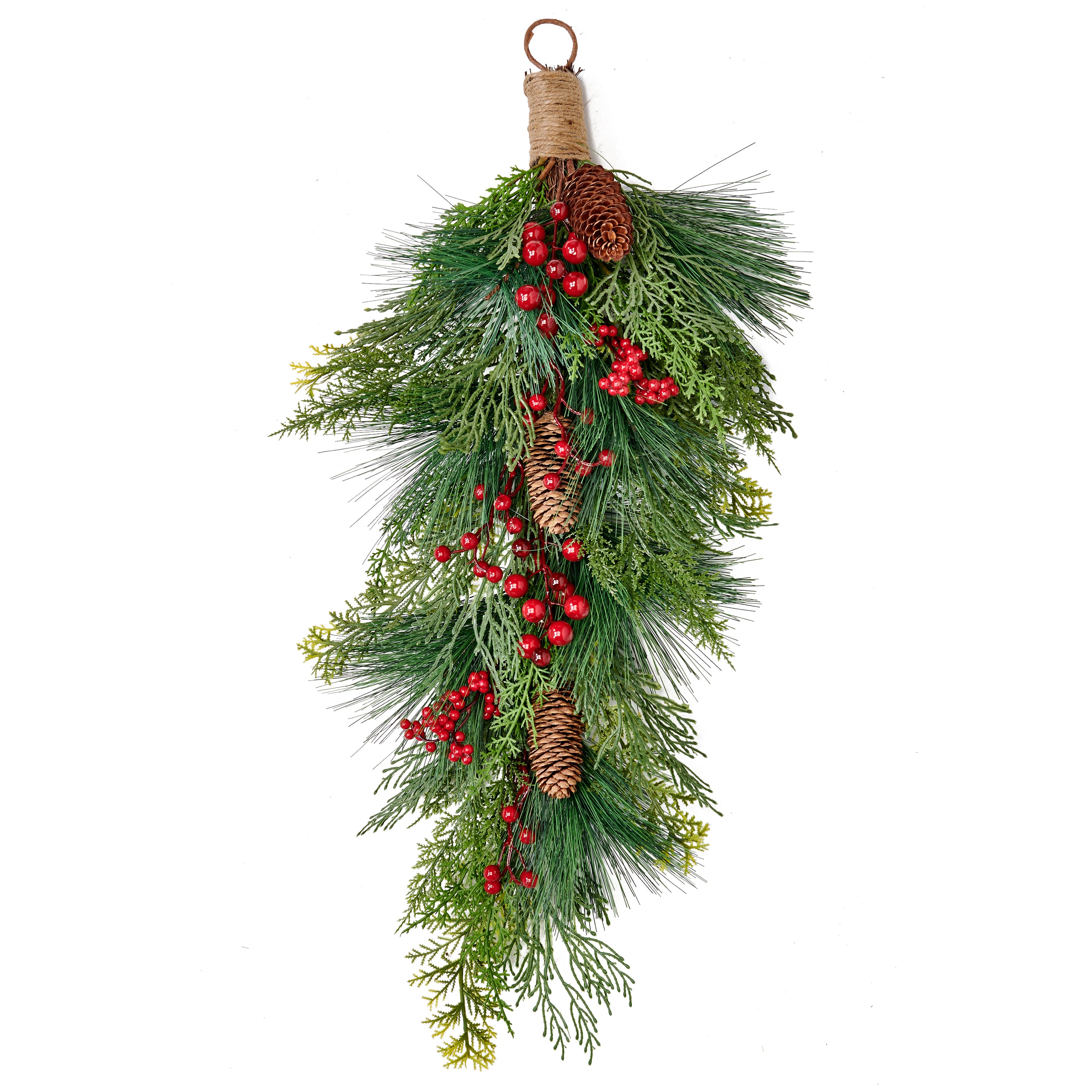 23" Artificial Christmas Mixed Evergreen Pine Teardrop Swag with Red Berries and Pinecones