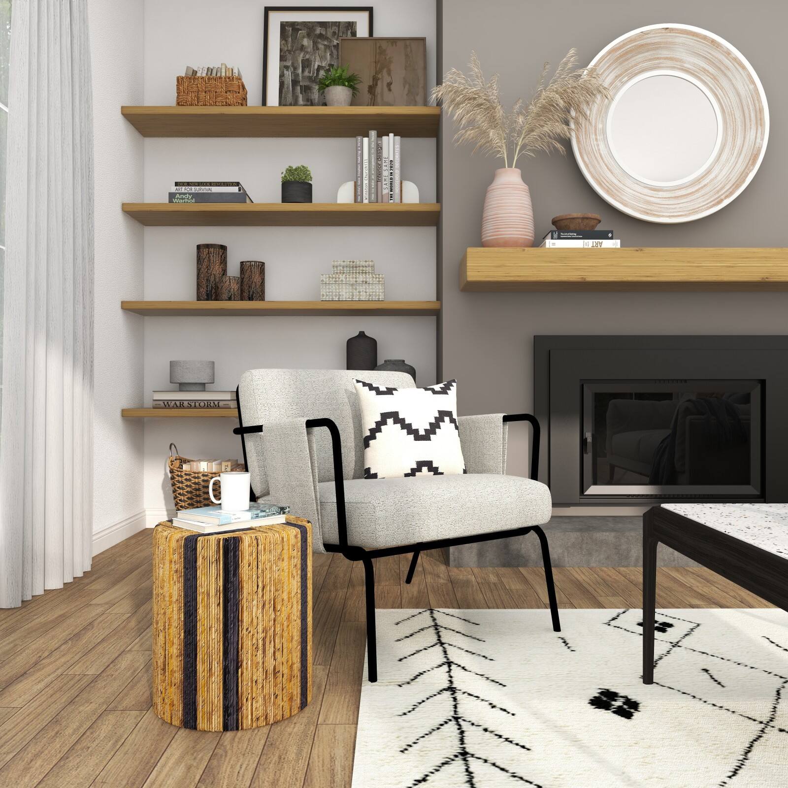 Brown Banana Leaf Handmade Linear Wrapped Accent Table with Navy Stripes