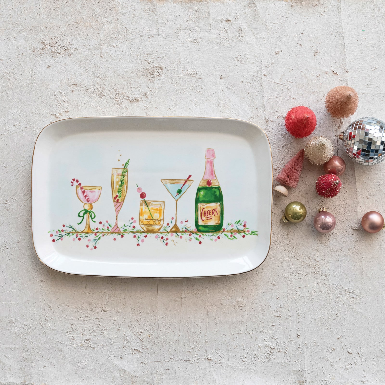 Hello Honey&#xAE; 15&#x22; Stoneware Platter with Holiday Cocktails &#x26; Gold Electroplating