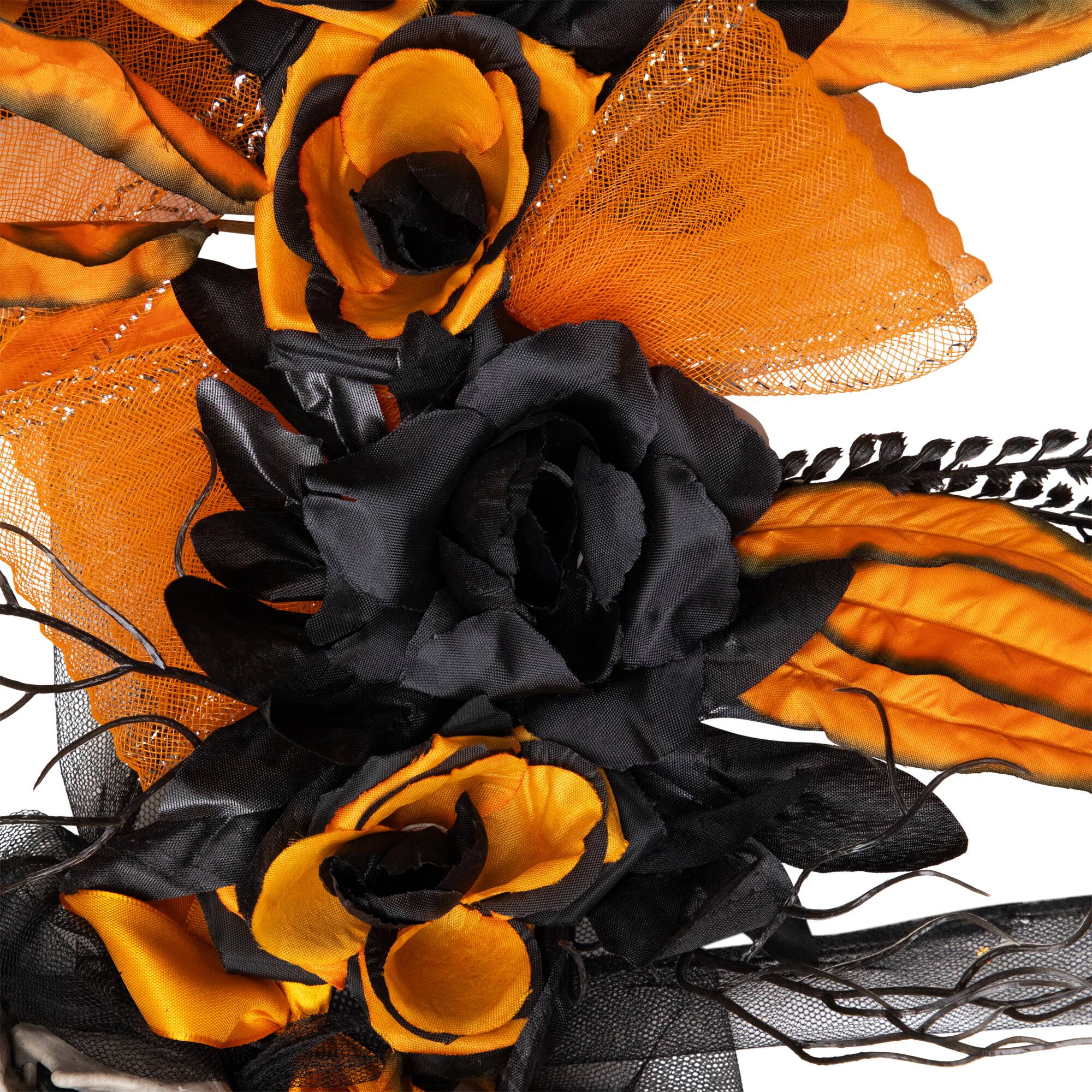 14" Skull with Black & Orange Roses Halloween Wreath