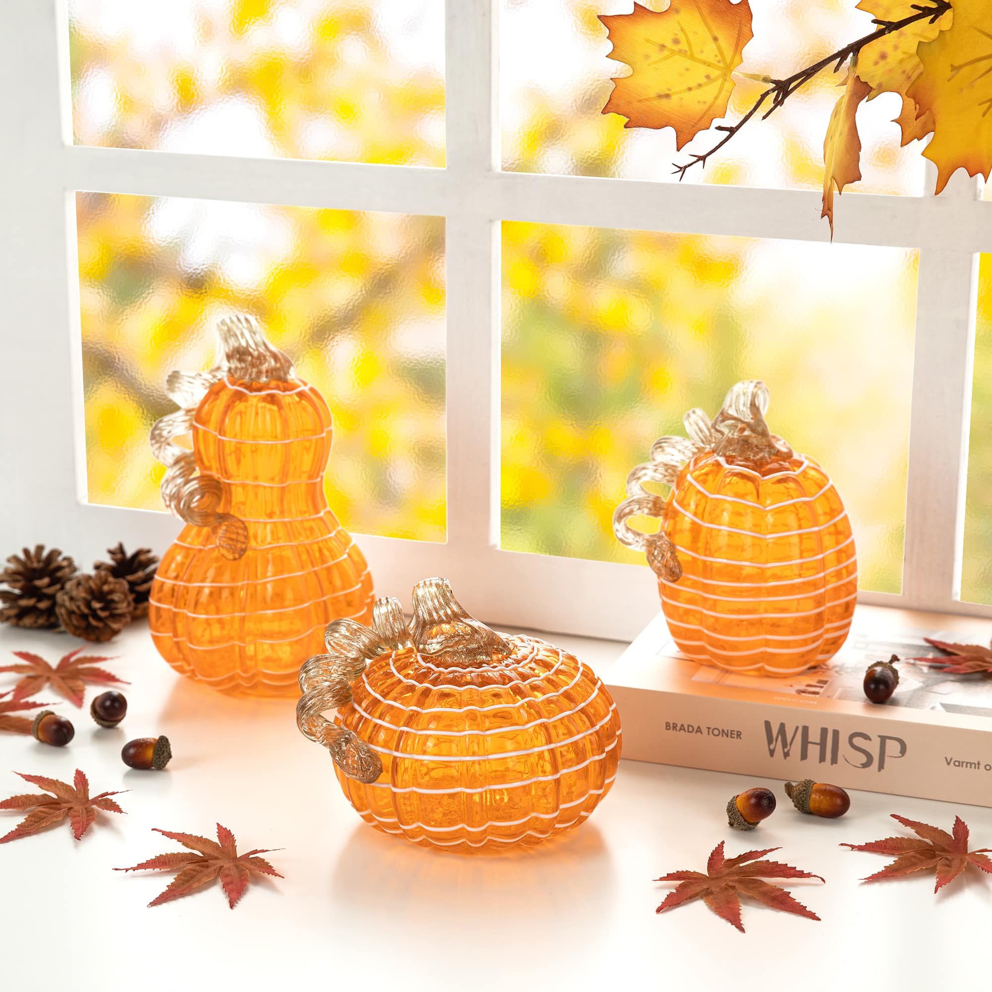 Glitzhome&#xAE; Orange and White Lines Glass Pumpkin &#x26; Gourd Set