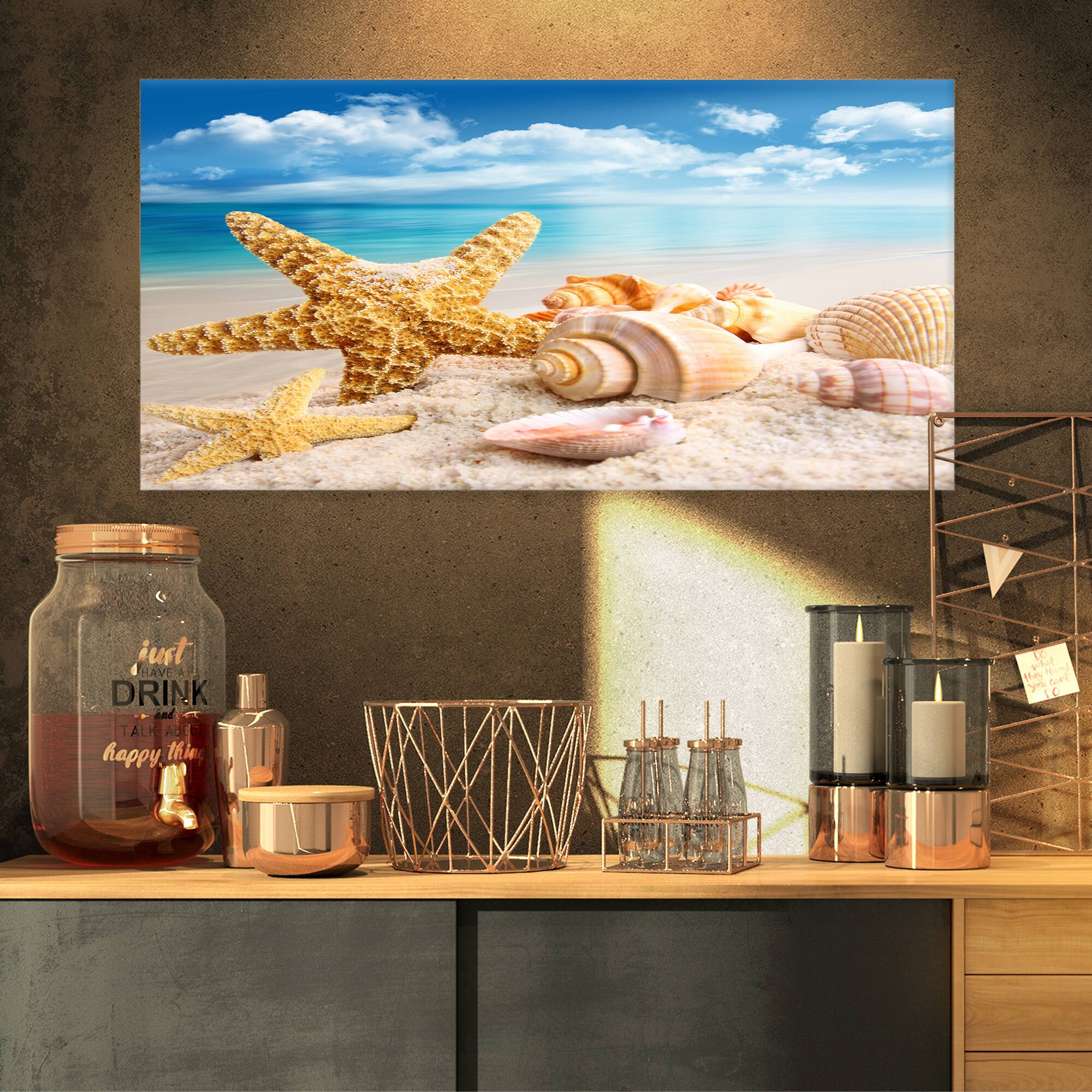 Designart - Starfish and Seashells on Beach - Seashore Photo Canvas Art Print