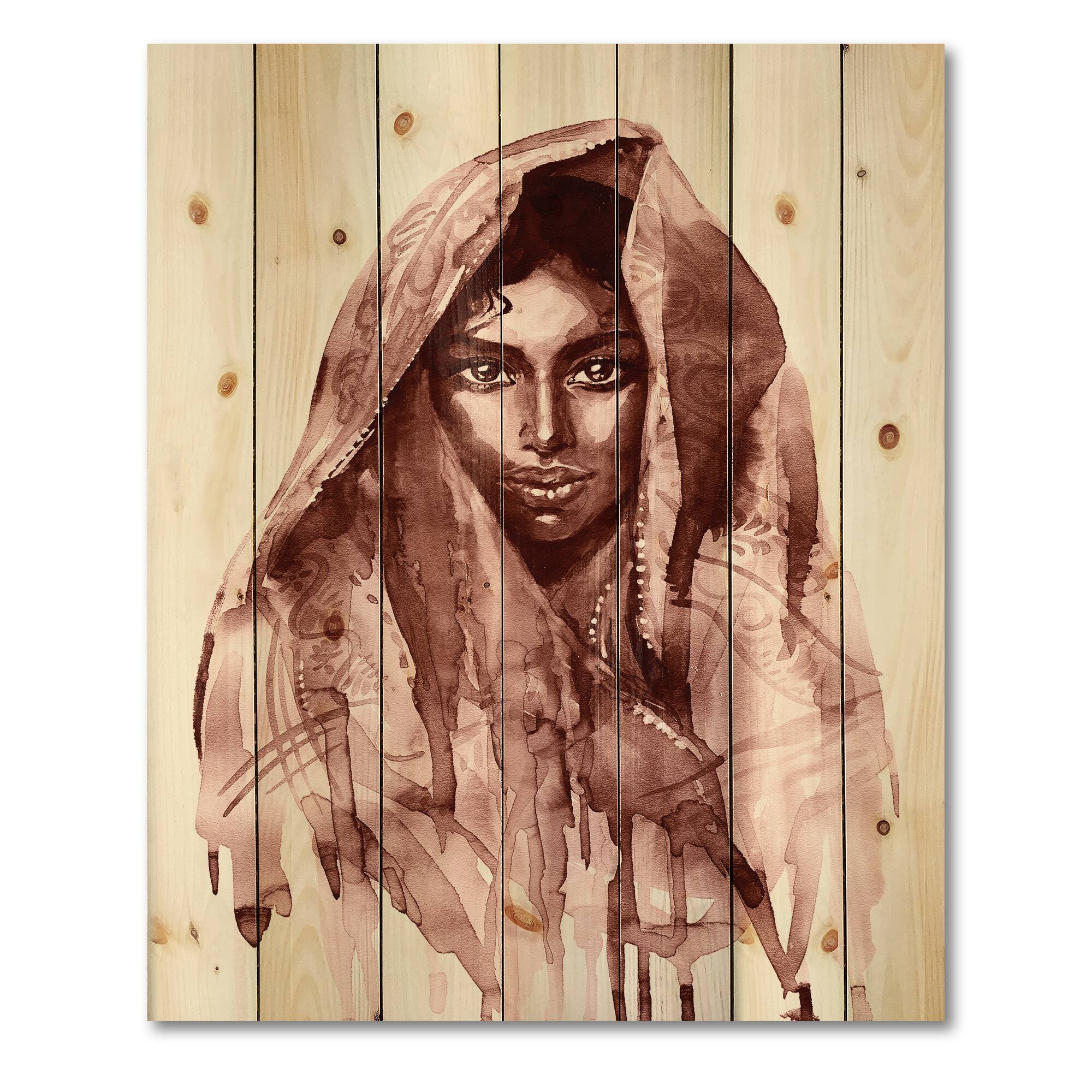 Designart - Monochrome Portrait of Young Indian Woman II - Modern Print on Natural Pine Wood