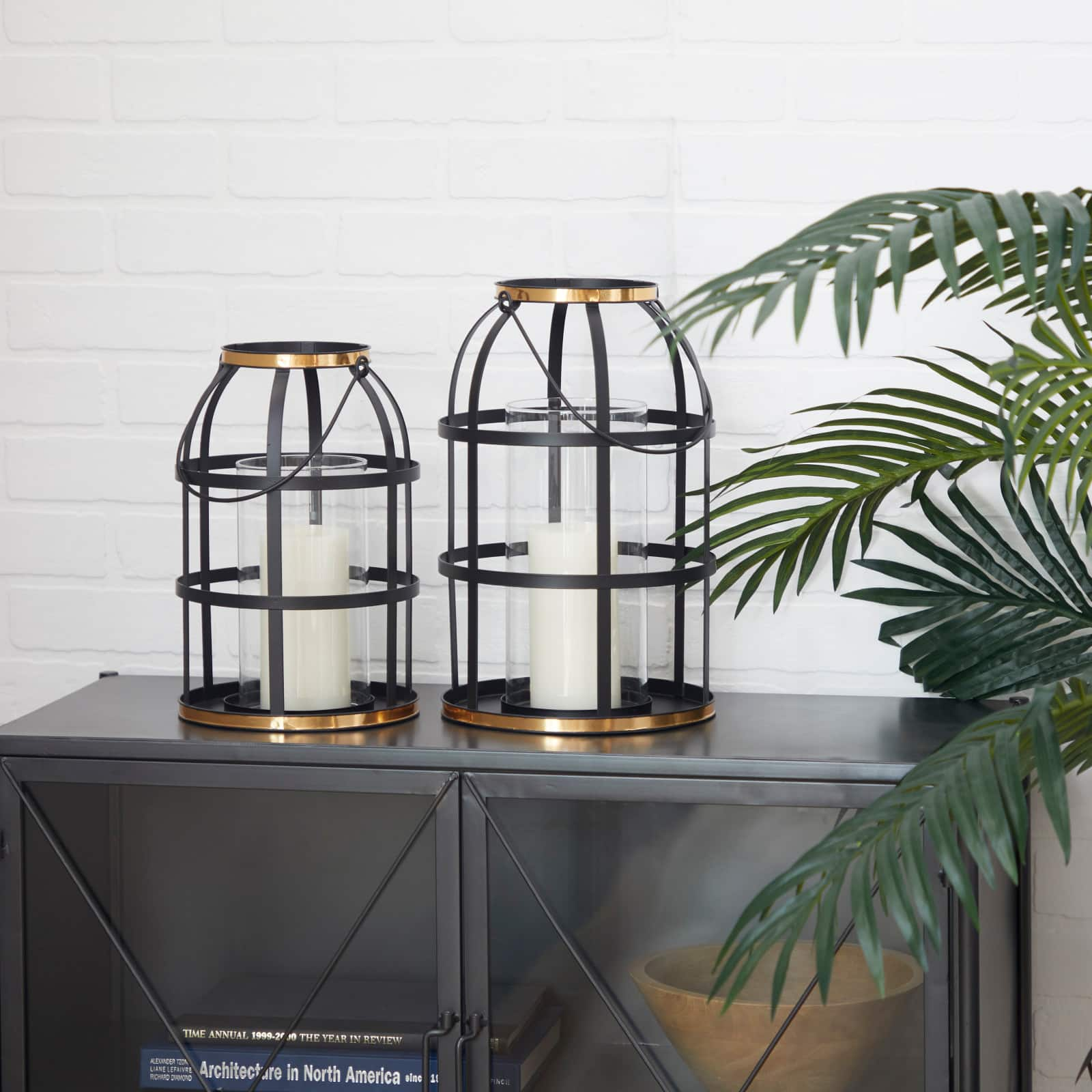 Set of 2&#x22; Black Metal Industrial Lantern , 14&#x22;, 12&#x22;