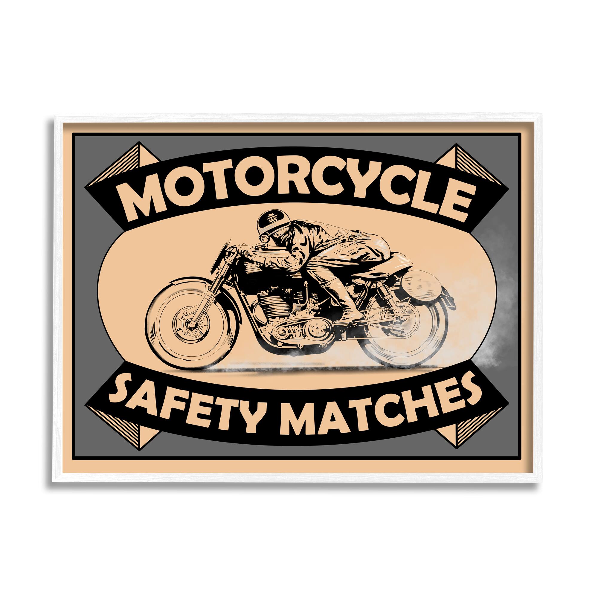 Stupell Industries Motorcycle Safety Matches Grey Tan Bike Rider in White Frame Wall Art