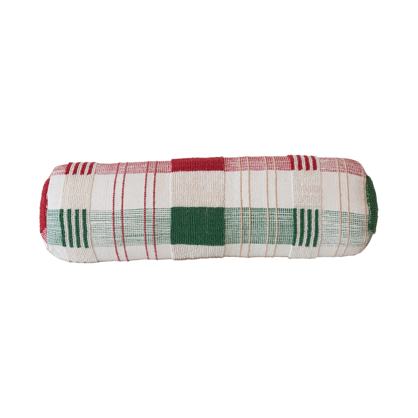 Hello Honey® 25" Red, Green & Gold Plaid Textured Woven Bolster Pillow