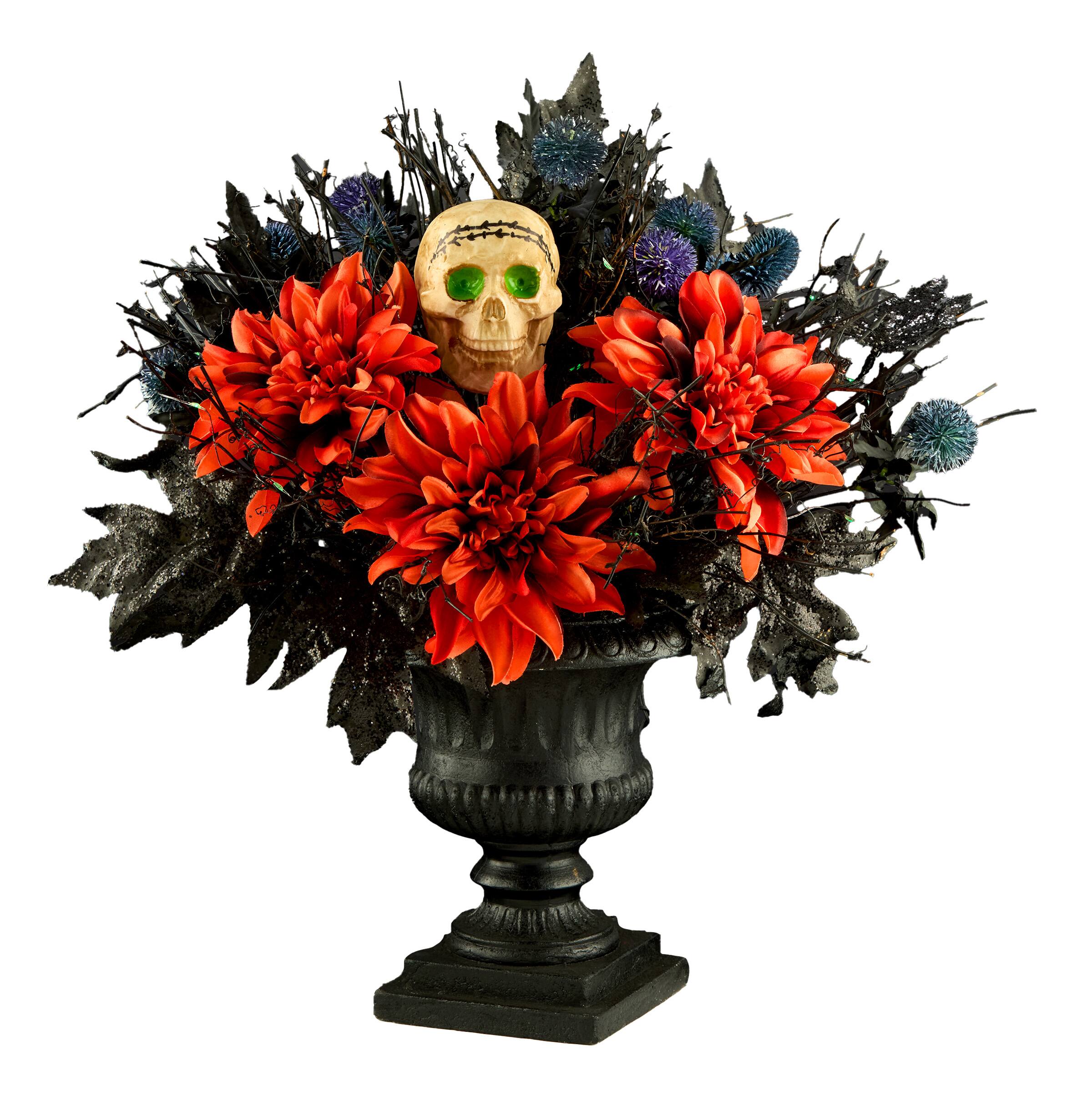 20" Boo-tiful Orange Dahlia LED Halloween Centerpiece in Black Urn