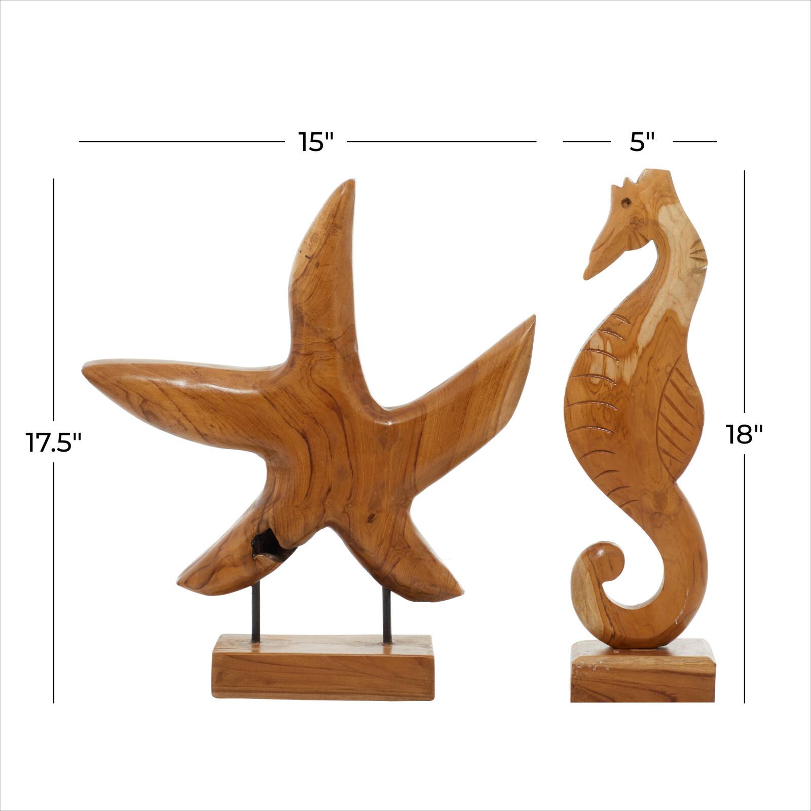 Set of 2 Brown Teak Wood Natural Sculpture 17&#x22;, 18&#x22;