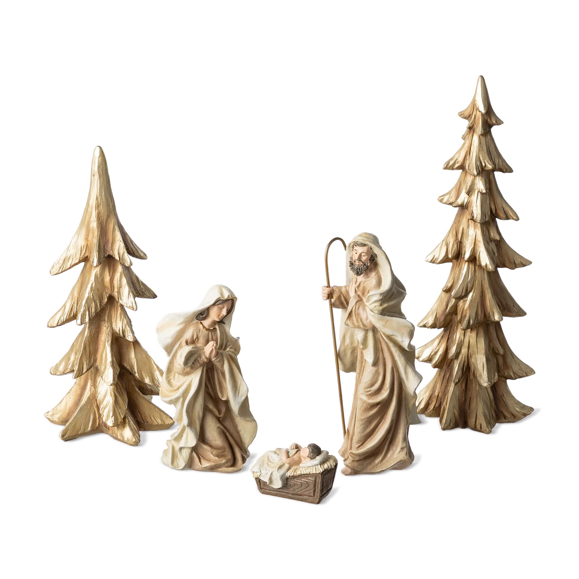 Glitzhome&#xAE; 5-Piece Gold Resin Holy Family with Christmas Trees Set
