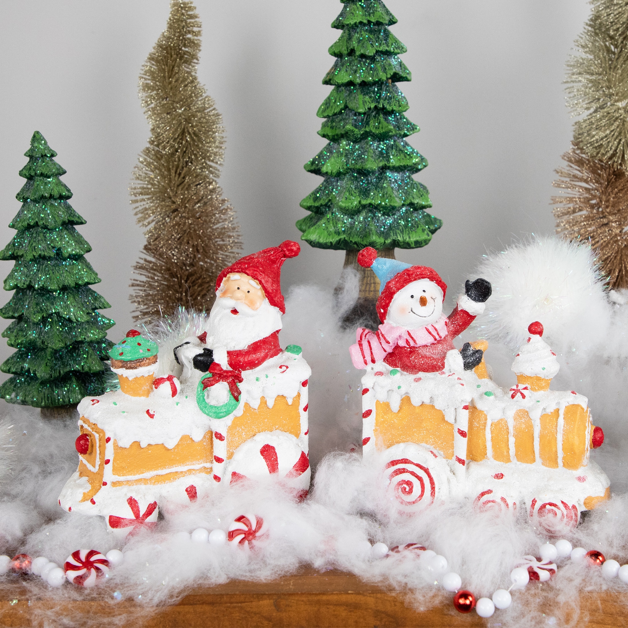 6.75" Santa & Snowman on Gingerbread Trains Christmas Figure Set