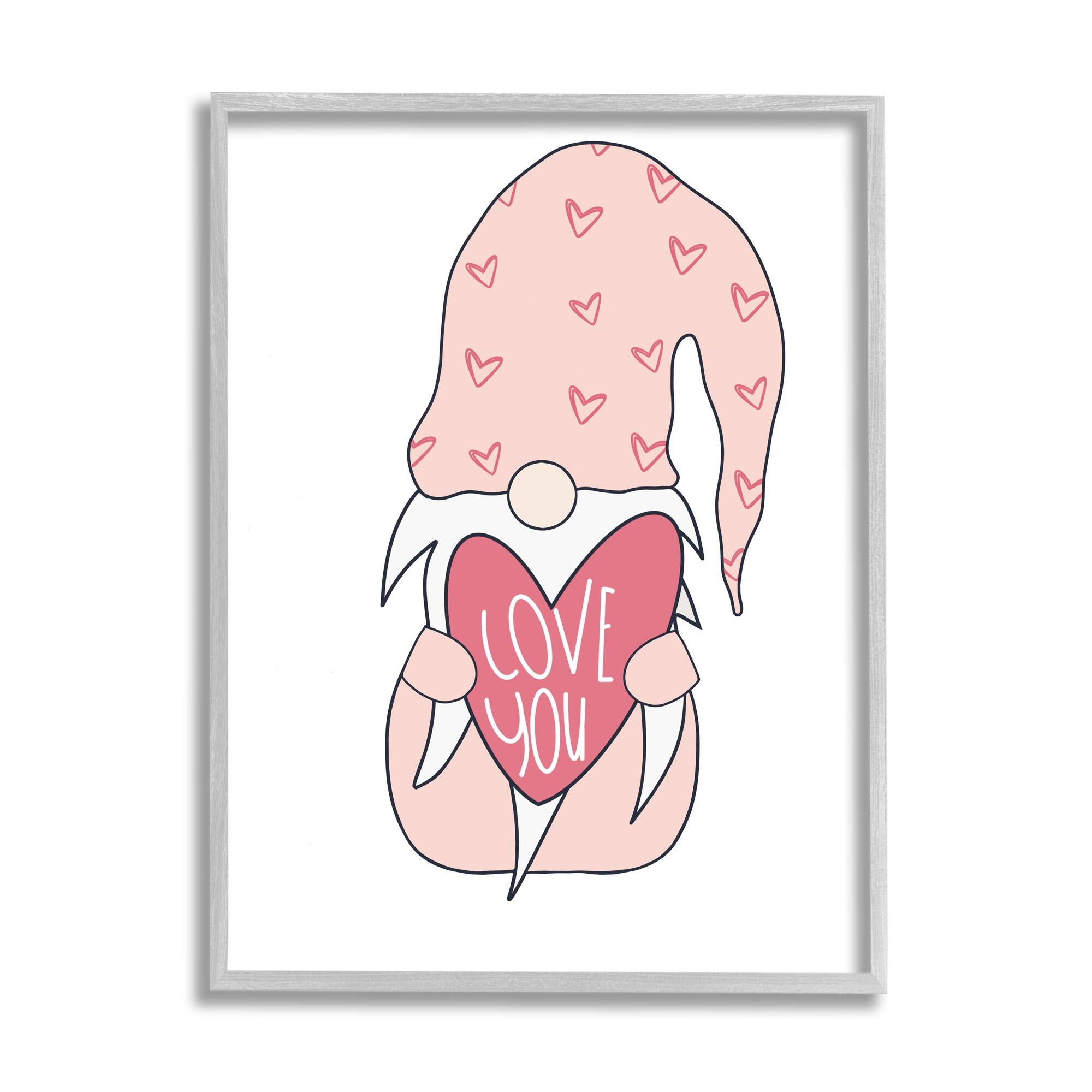 Stupell Industries Cute Pink Gnome Love You Sentiment Big Heart in Gray Frame Wall Art