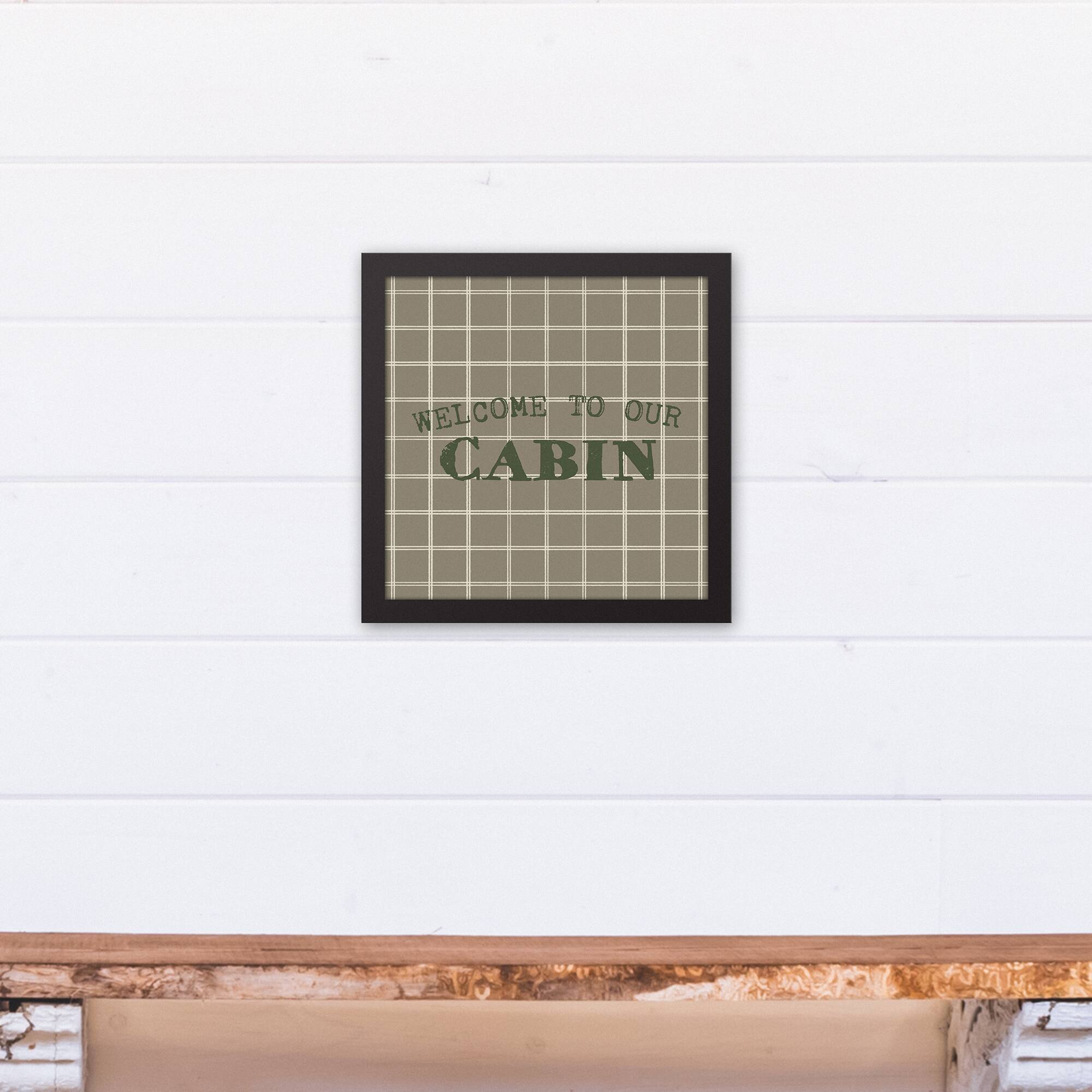 Welcome To Our Cabin Taupe and White Check Canvas Wall Art in Black Frame