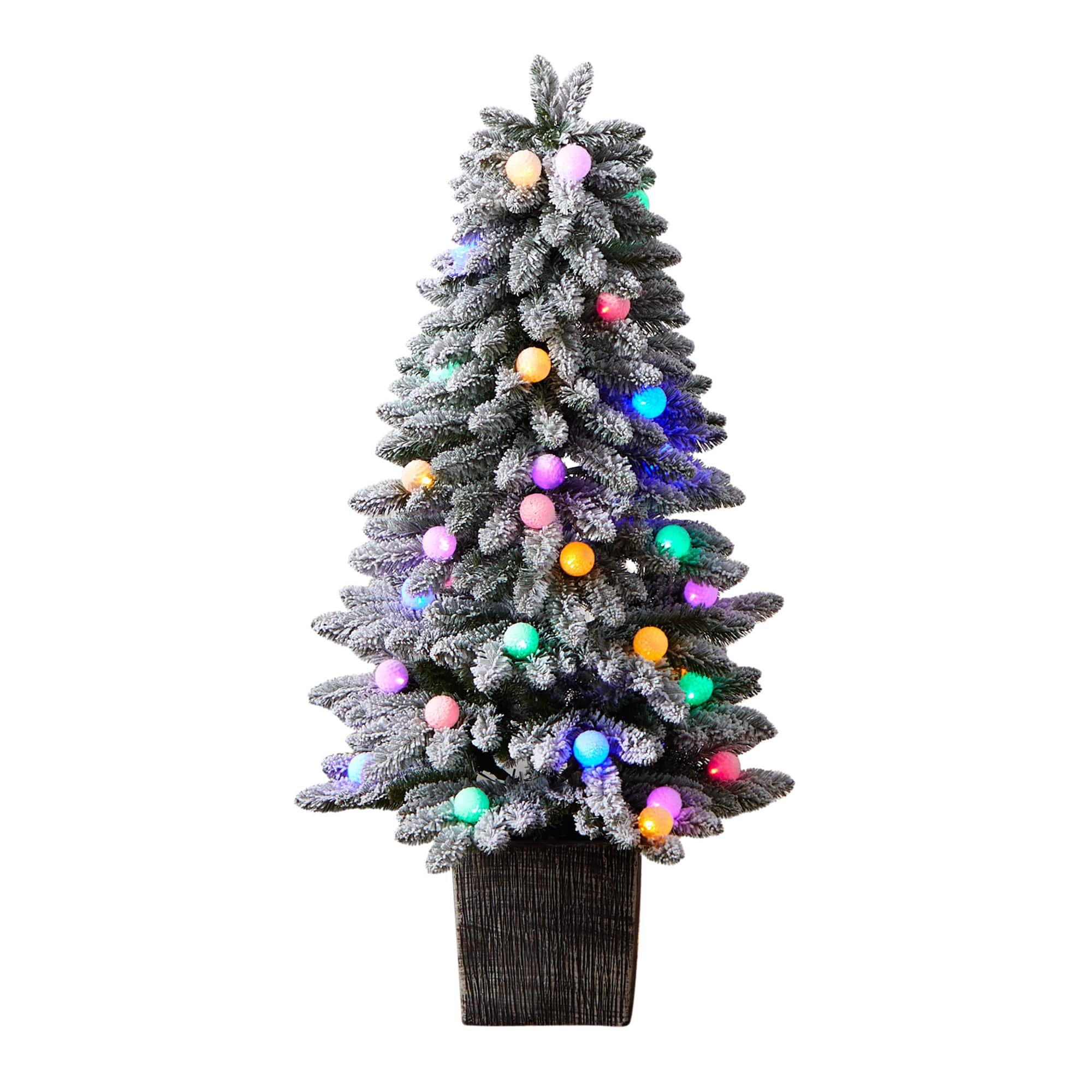 4ft. Pre-Lit Winter Flocked Artificial Christmas Tree in Decorative Planter, Multicolor LED Lights