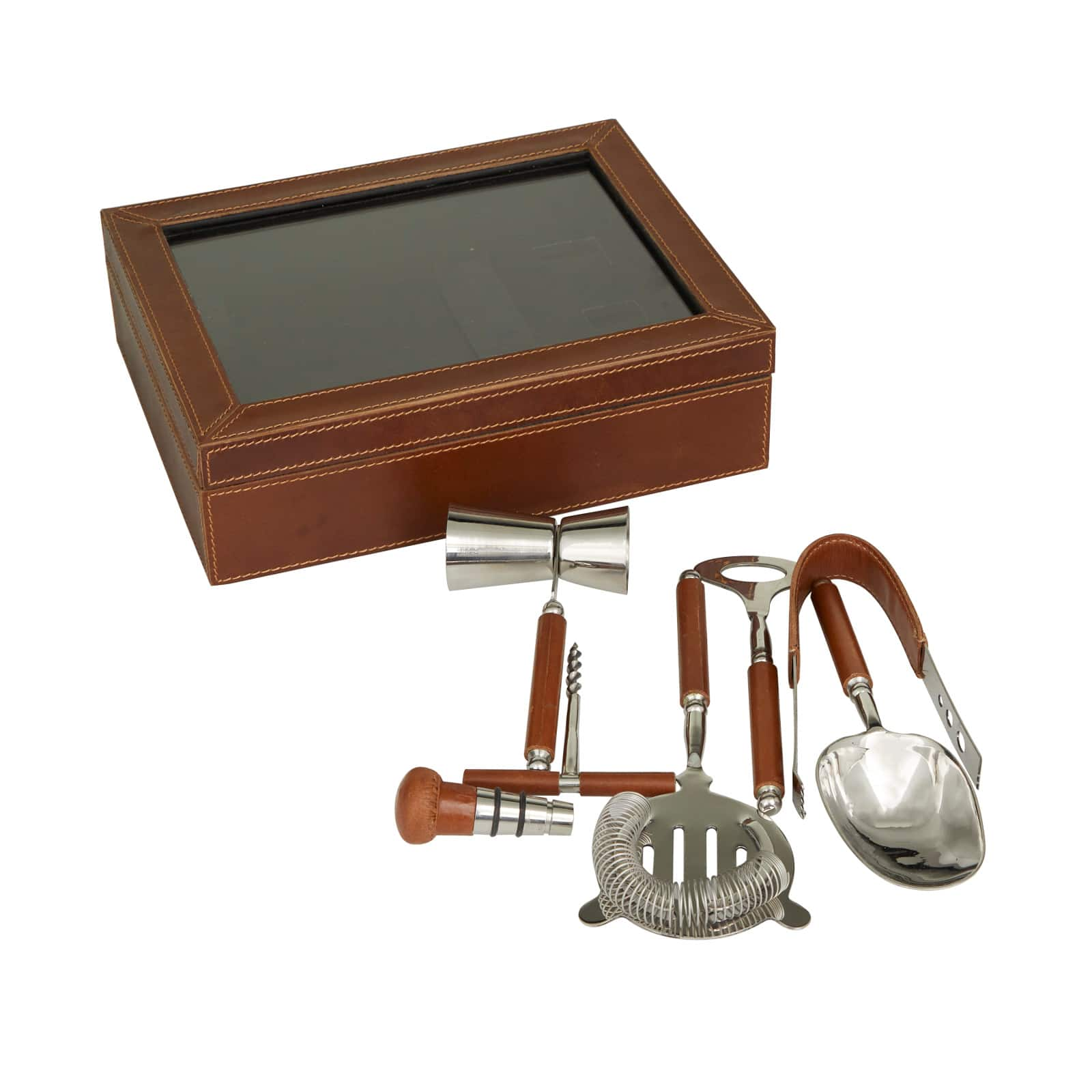 The Novogratz Brown Modern Bar Tool Set, 9&#x22; x 11&#x22; x 3&#x22;