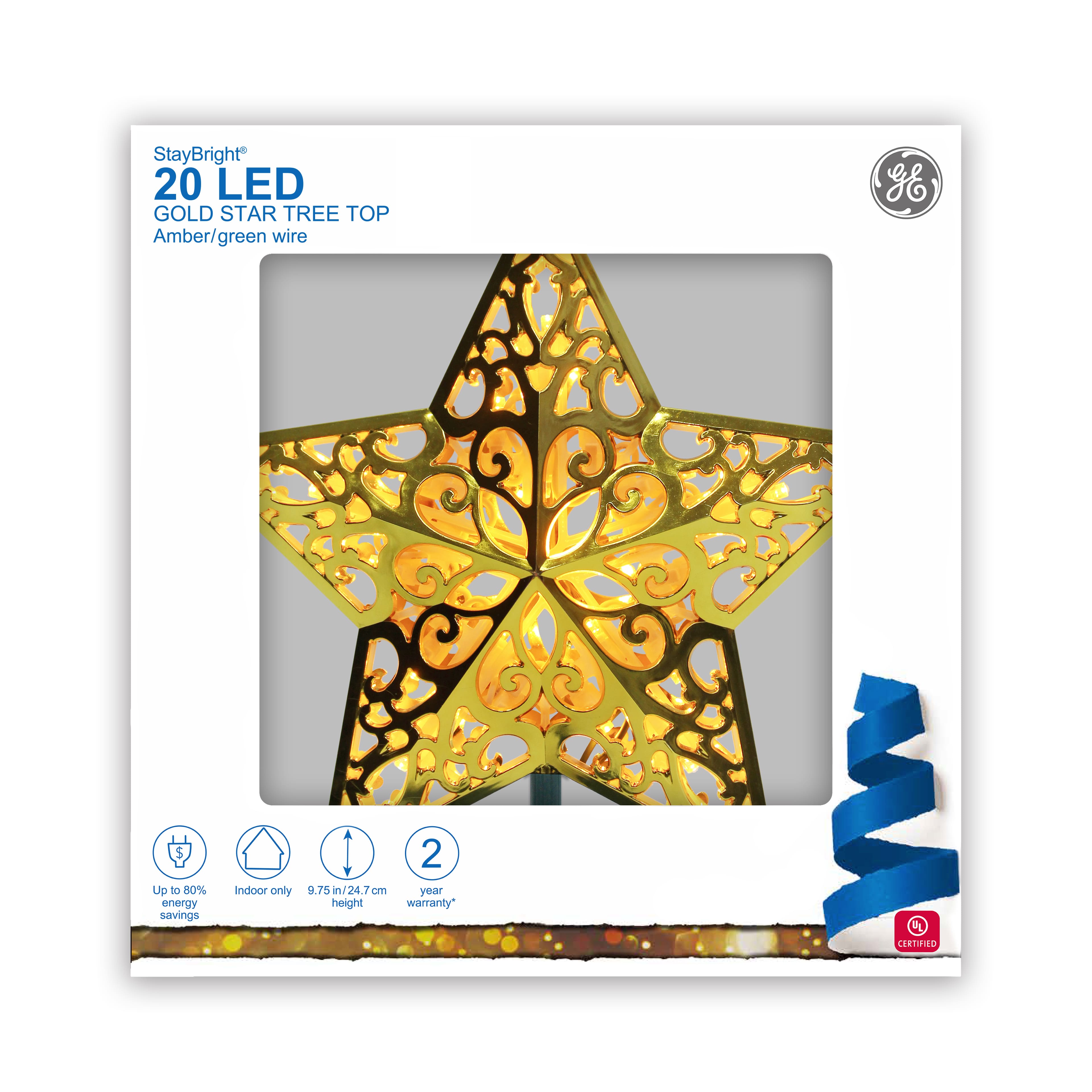 GE StayBright&#xAE; 20ct. Amber LED Gold Star Tree Top