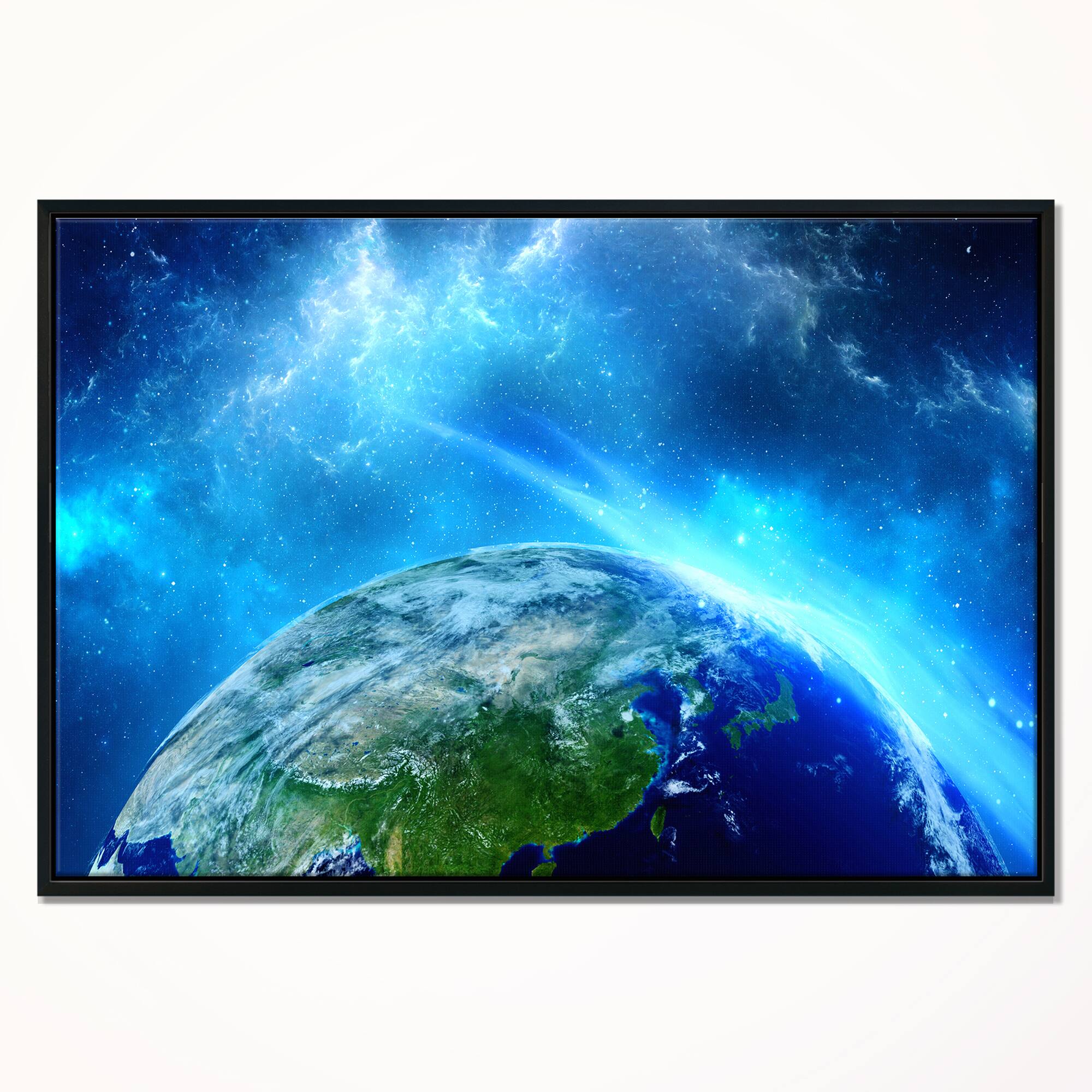 Designart - Planet Earth in Universe - Contemporary Canvas Art Print in Black Frame
