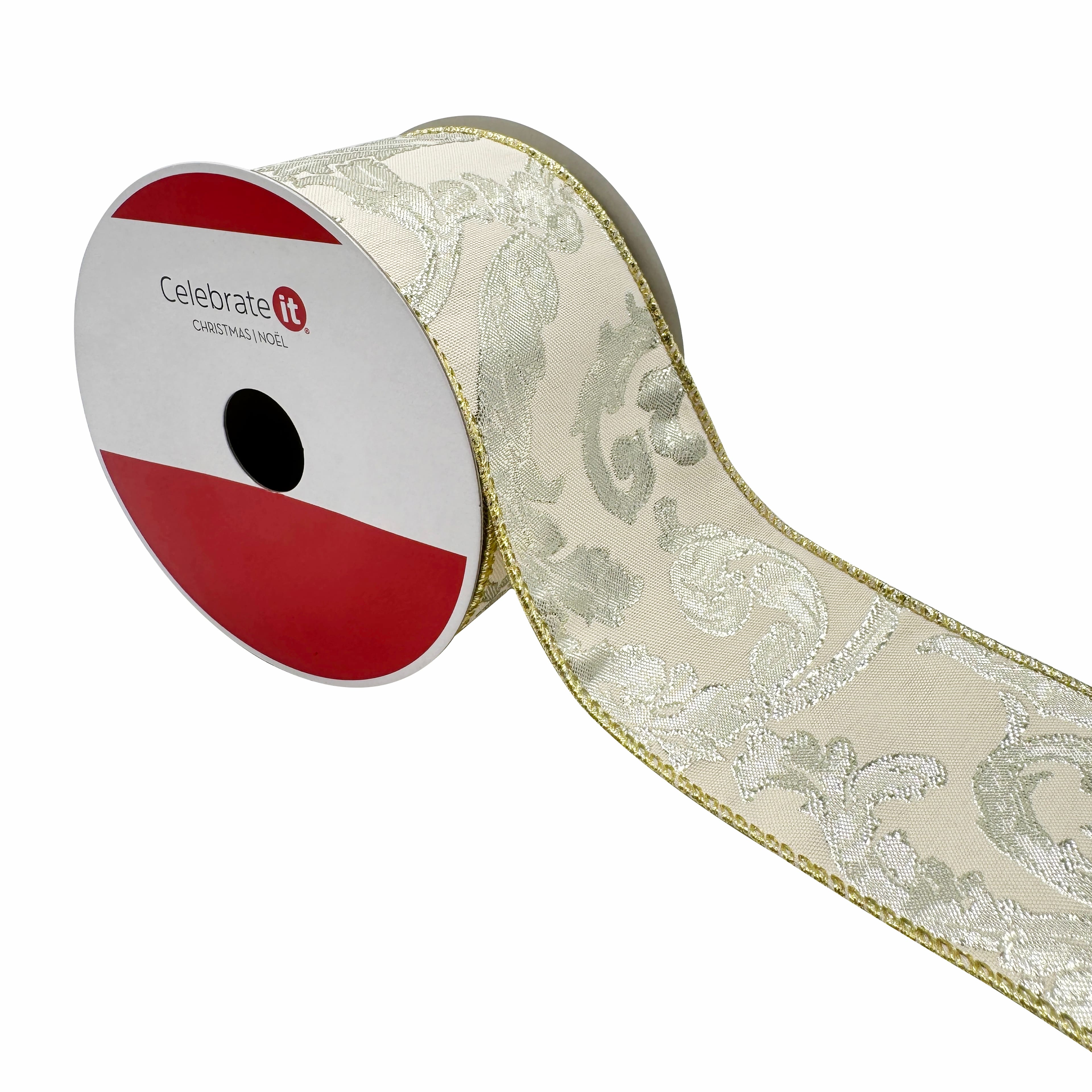 2.5&#x22; x 20ft. Cream &#x26; Silver Jacquard Scroll Wired Ribbon by Celebrate It&#xAE;