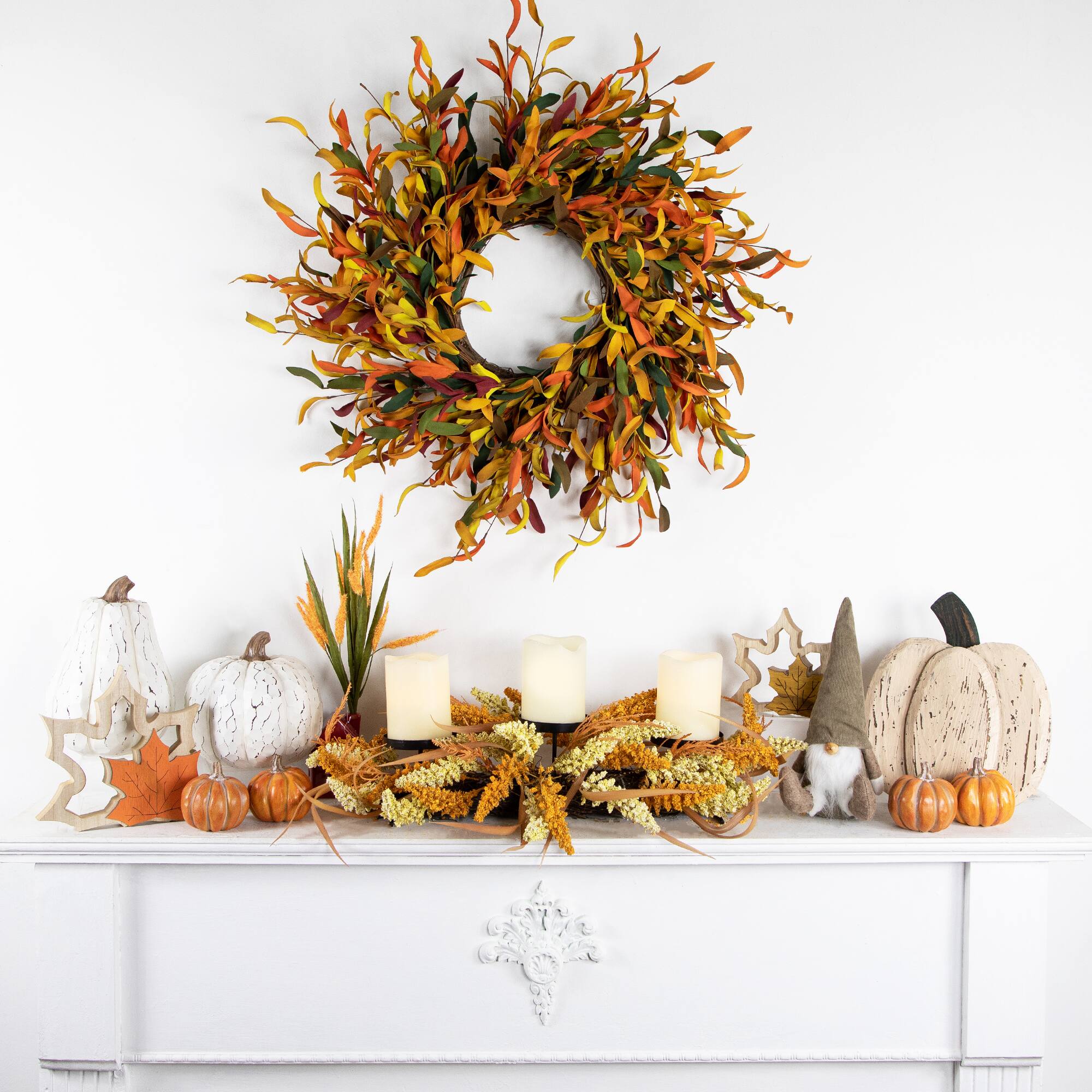 22" Autumn Harvest Triple Candle Holder with Artificial Fall Foliage