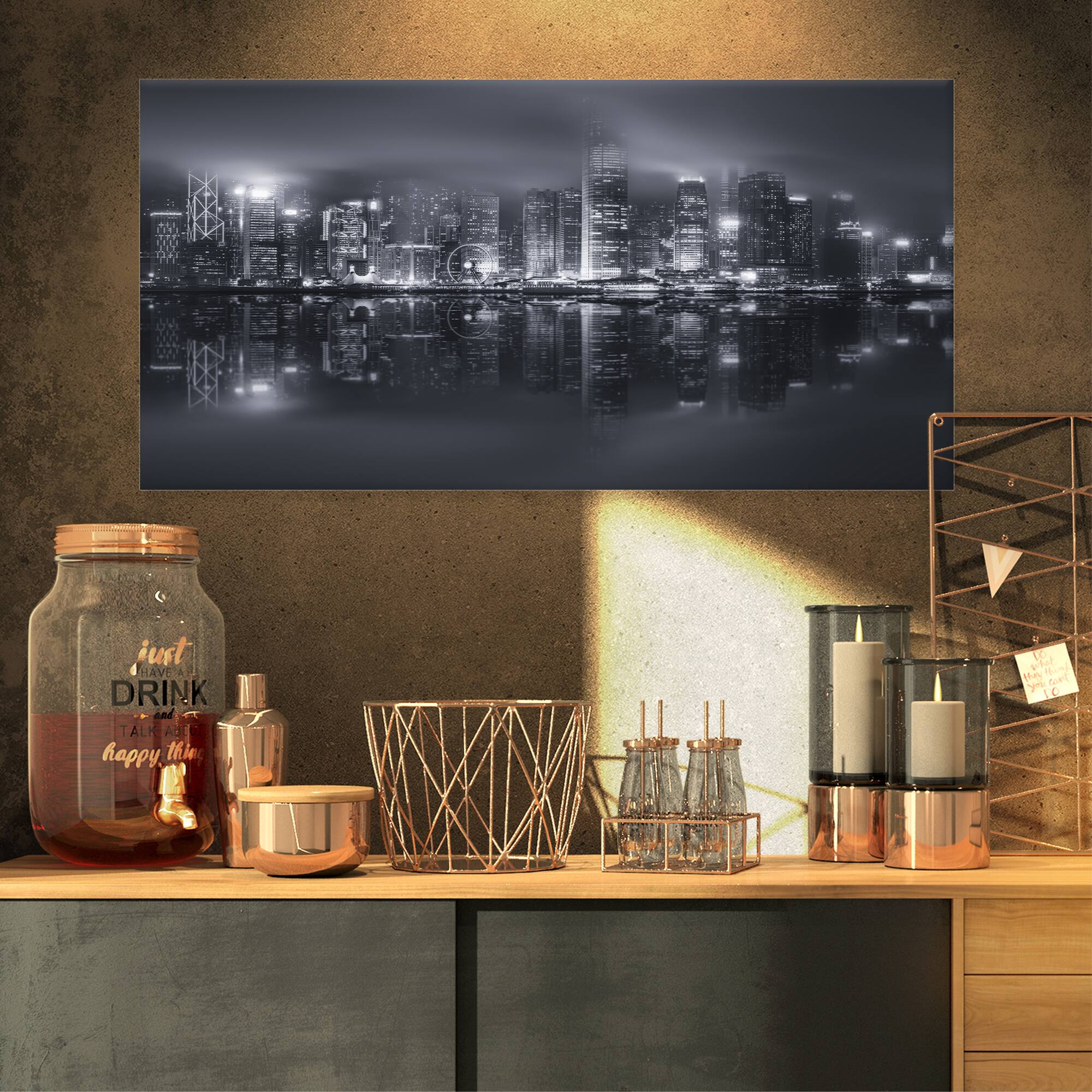 Designart - Hong Kong Black and White Skyline - Cityscape Canvas Art Print