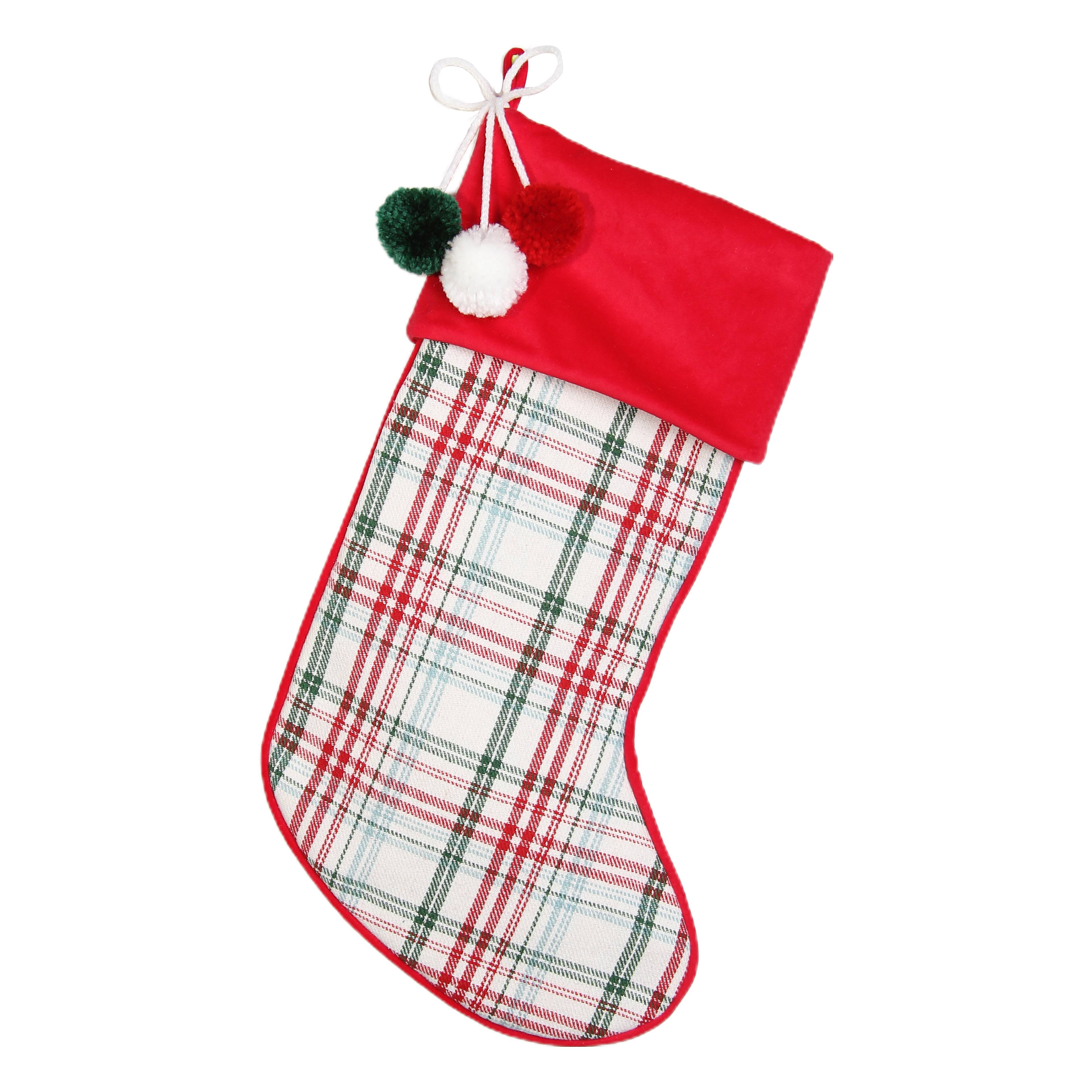 Bas de No&#xEB;l 50,8 cm &#xE0; carreaux rouges et verts avec pampilles en pompon d&#x27;Ashland
