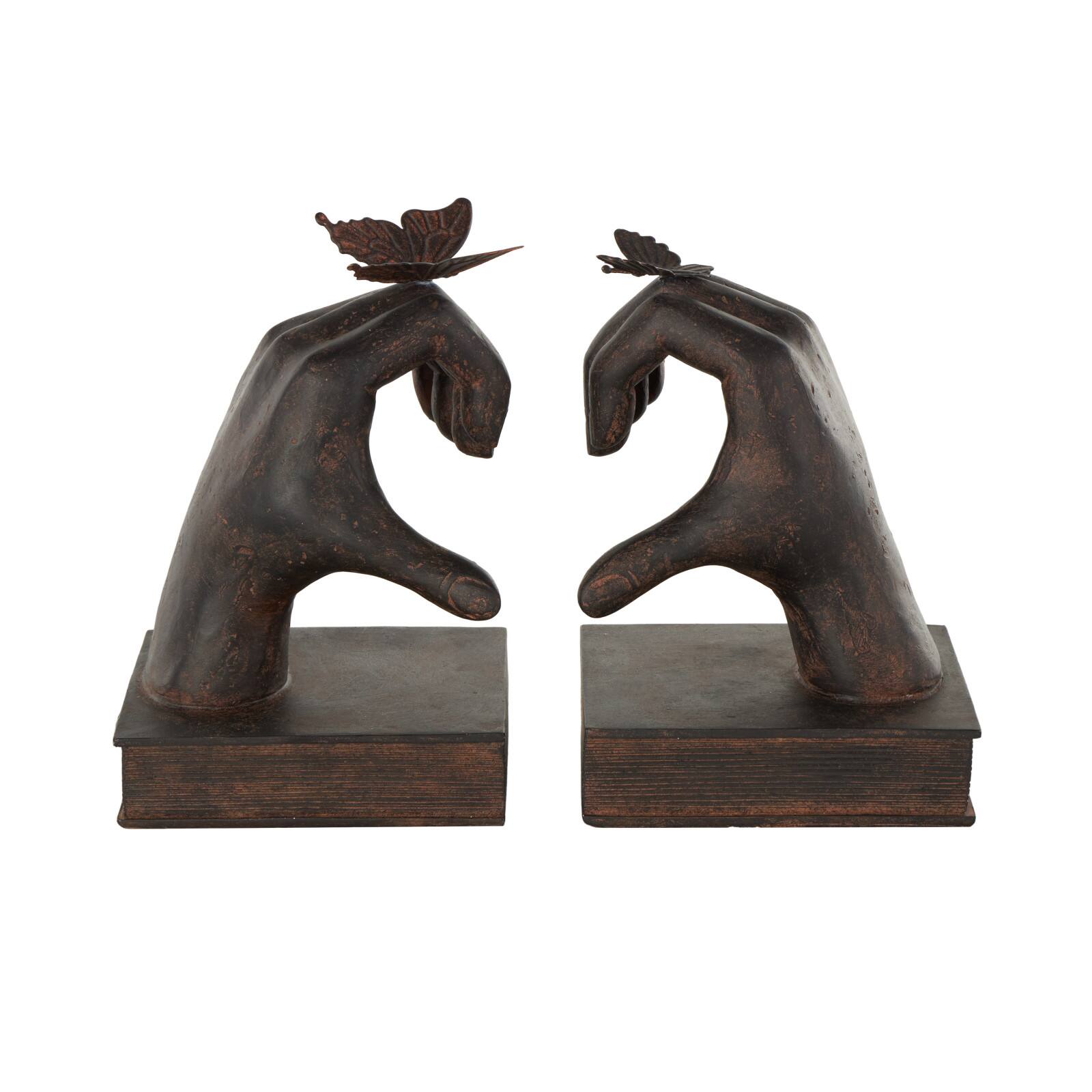 7.5" Dark Brown Hands Heart Inspired Decorative Bookend Set with Butterfly & Copper Accents