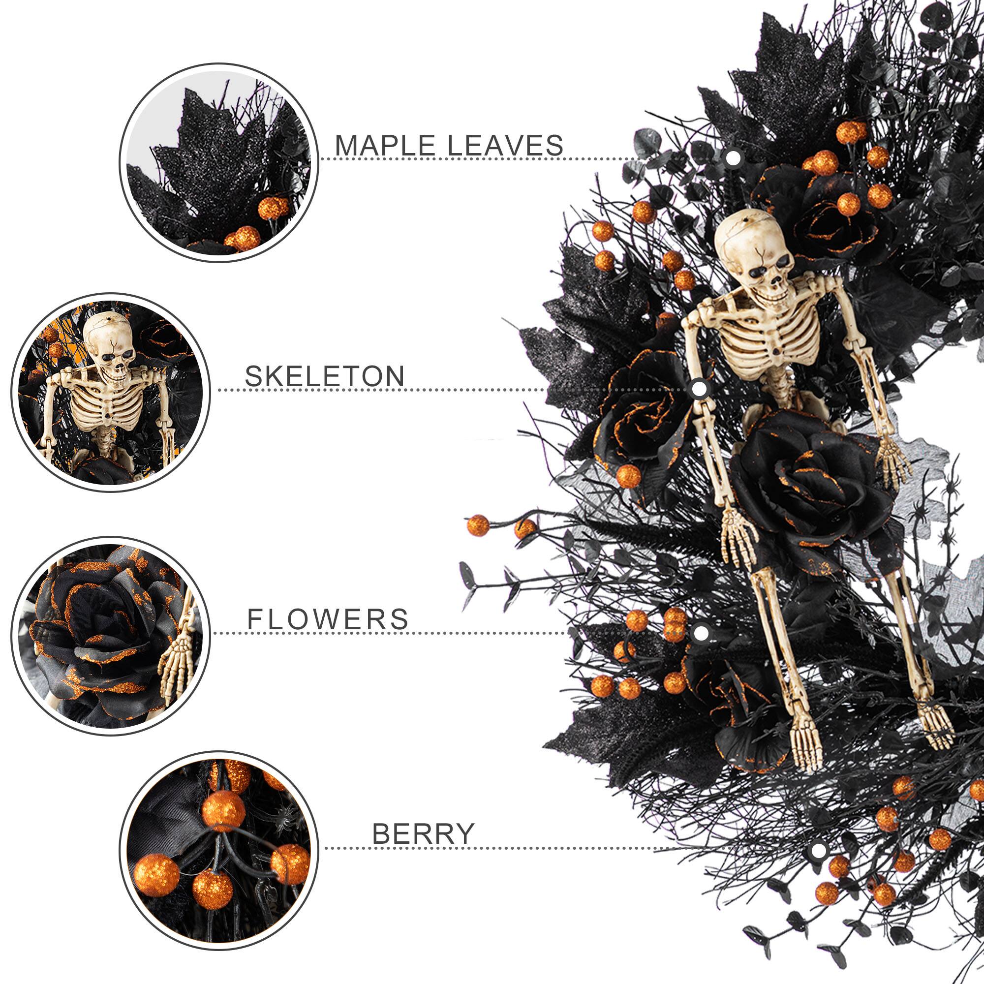 Glitzhome® 24"D Halloween Black Rose, Skeleton and Berry Wreath with Hanger
