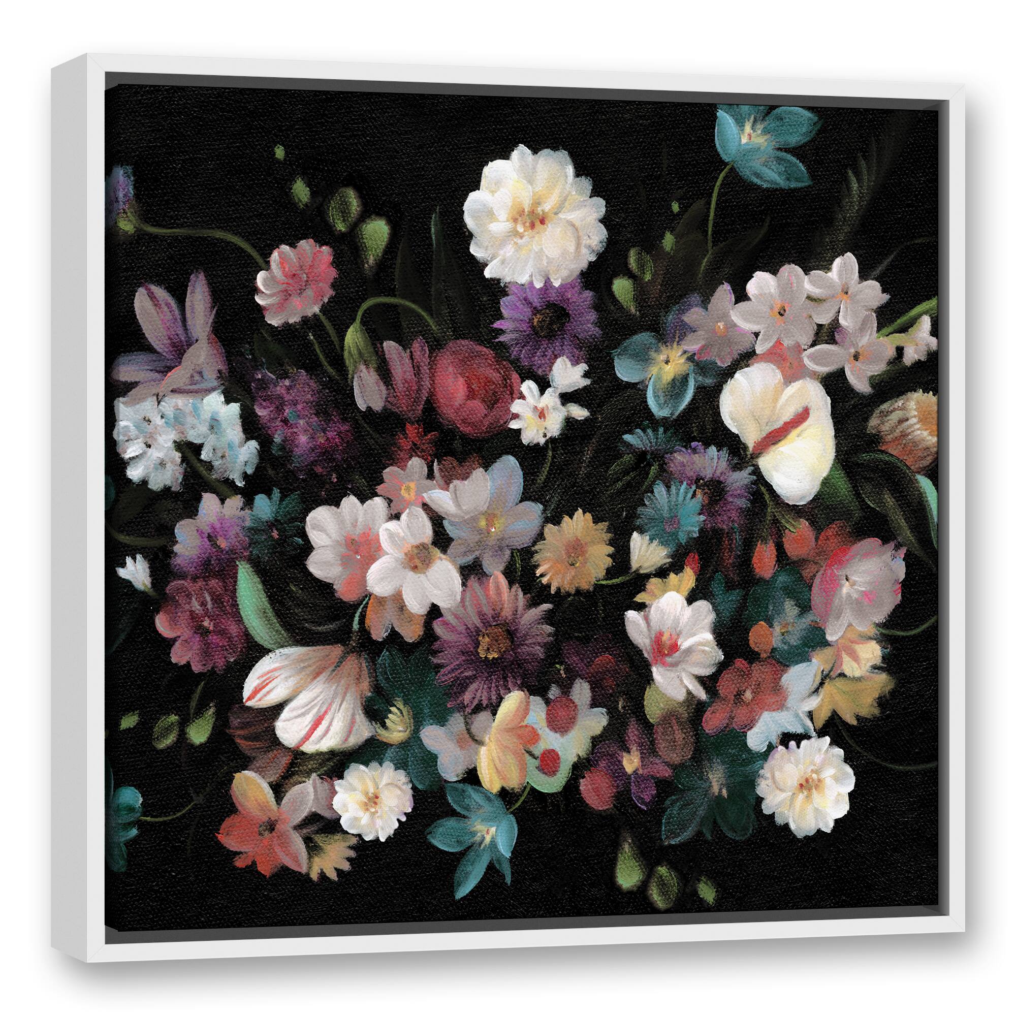 Dramatic Moody Florals White Floating Framed Canvas Wall Art