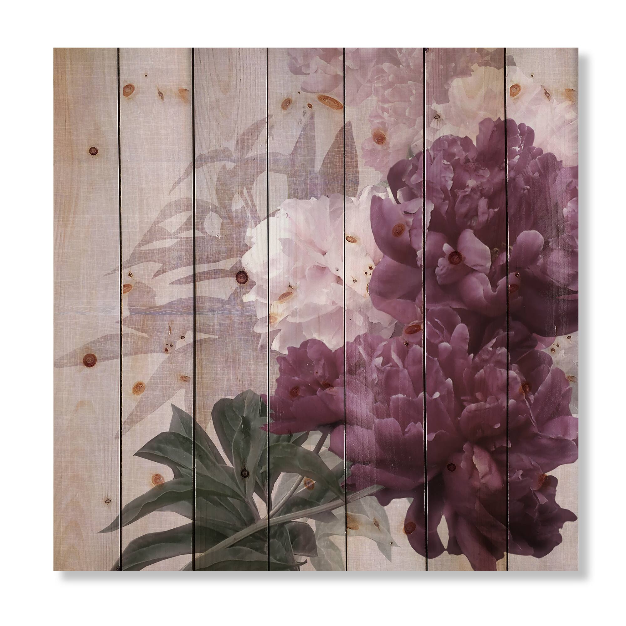 Designart - Vintage Purple and Pink Flowers I - Traditional Print on Natural Pine Wood