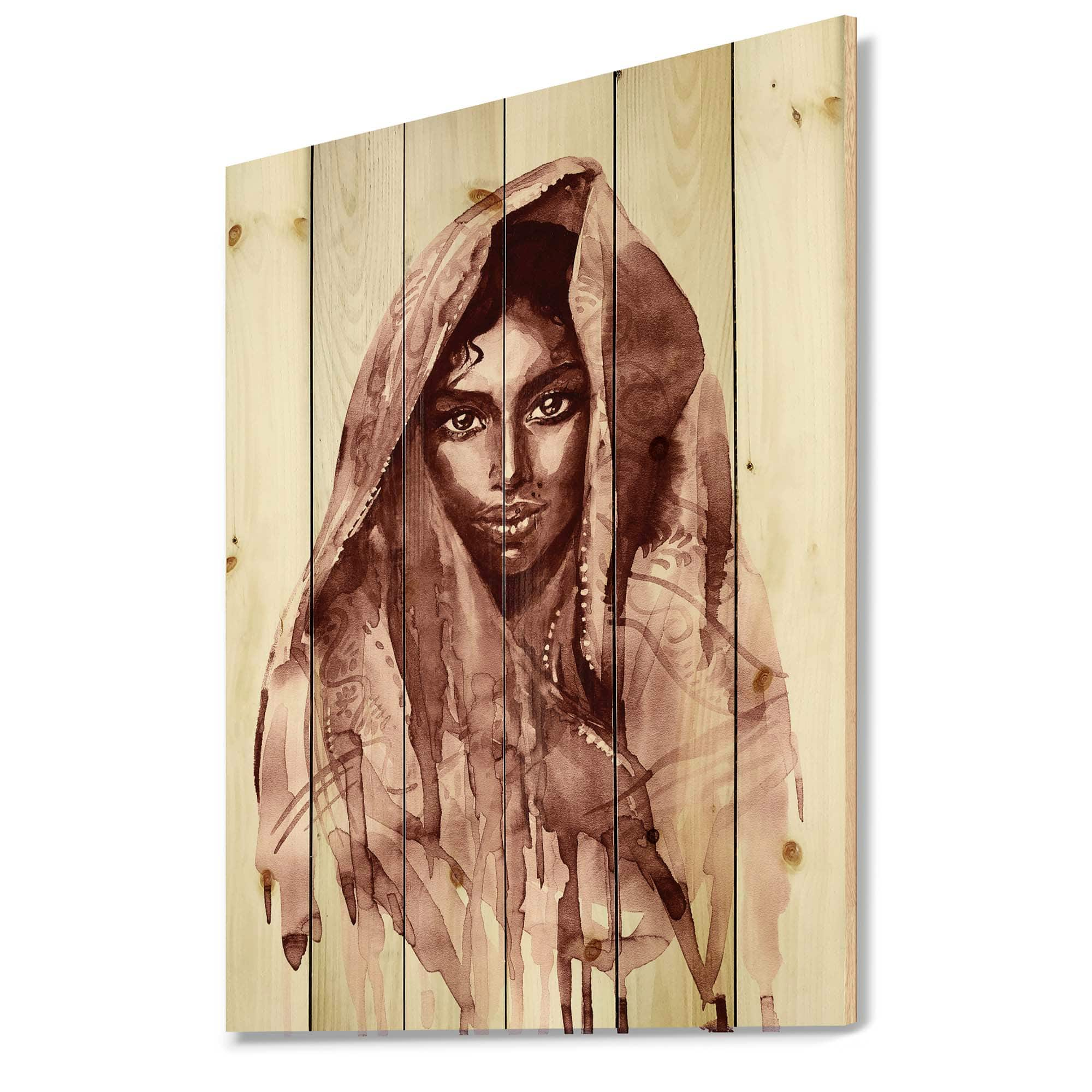 Designart - Monochrome Portrait of Young Indian Woman II - Modern Print on Natural Pine Wood