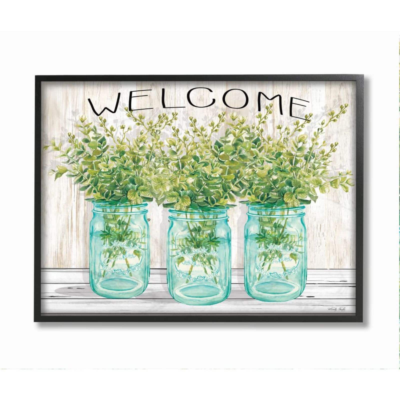 Stupell Industries Country Greenery Welcome Print with Black Frame Wall Accent