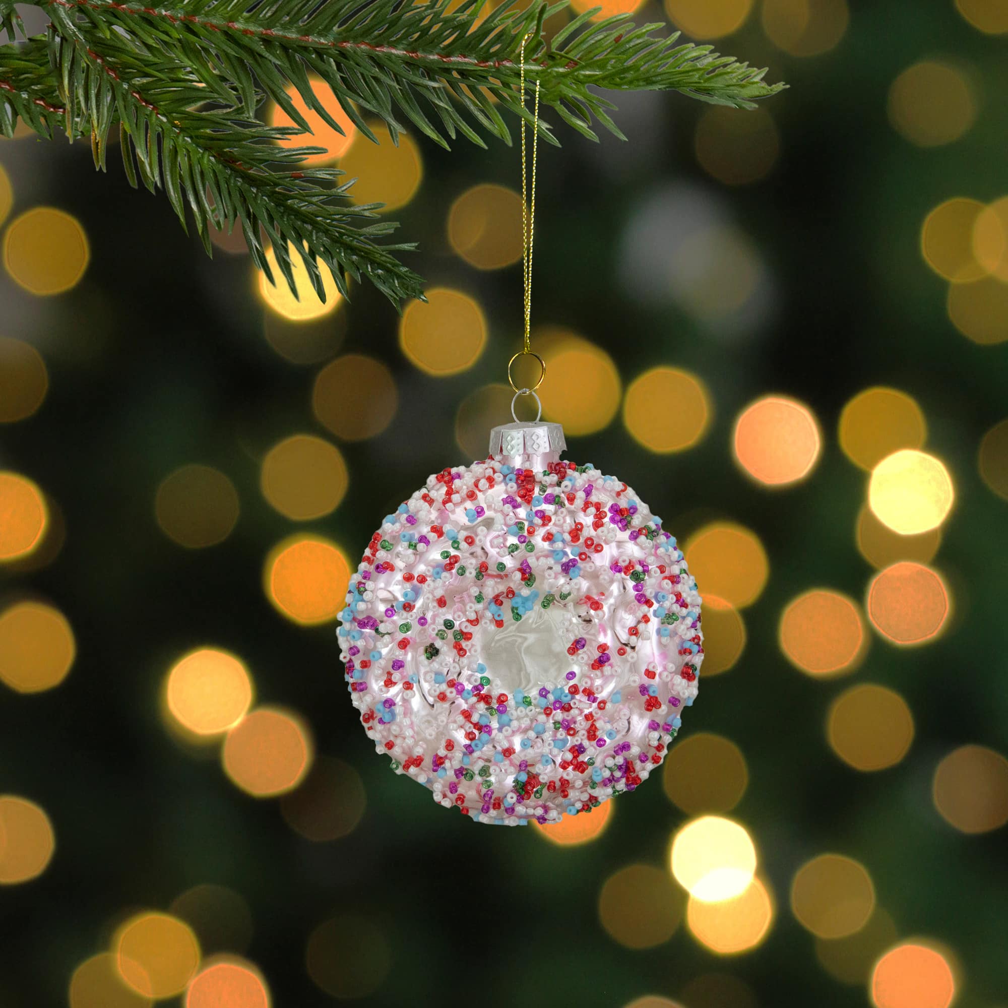 4&#x22; Pink Doughnut with Sprinkles Glass Ornament