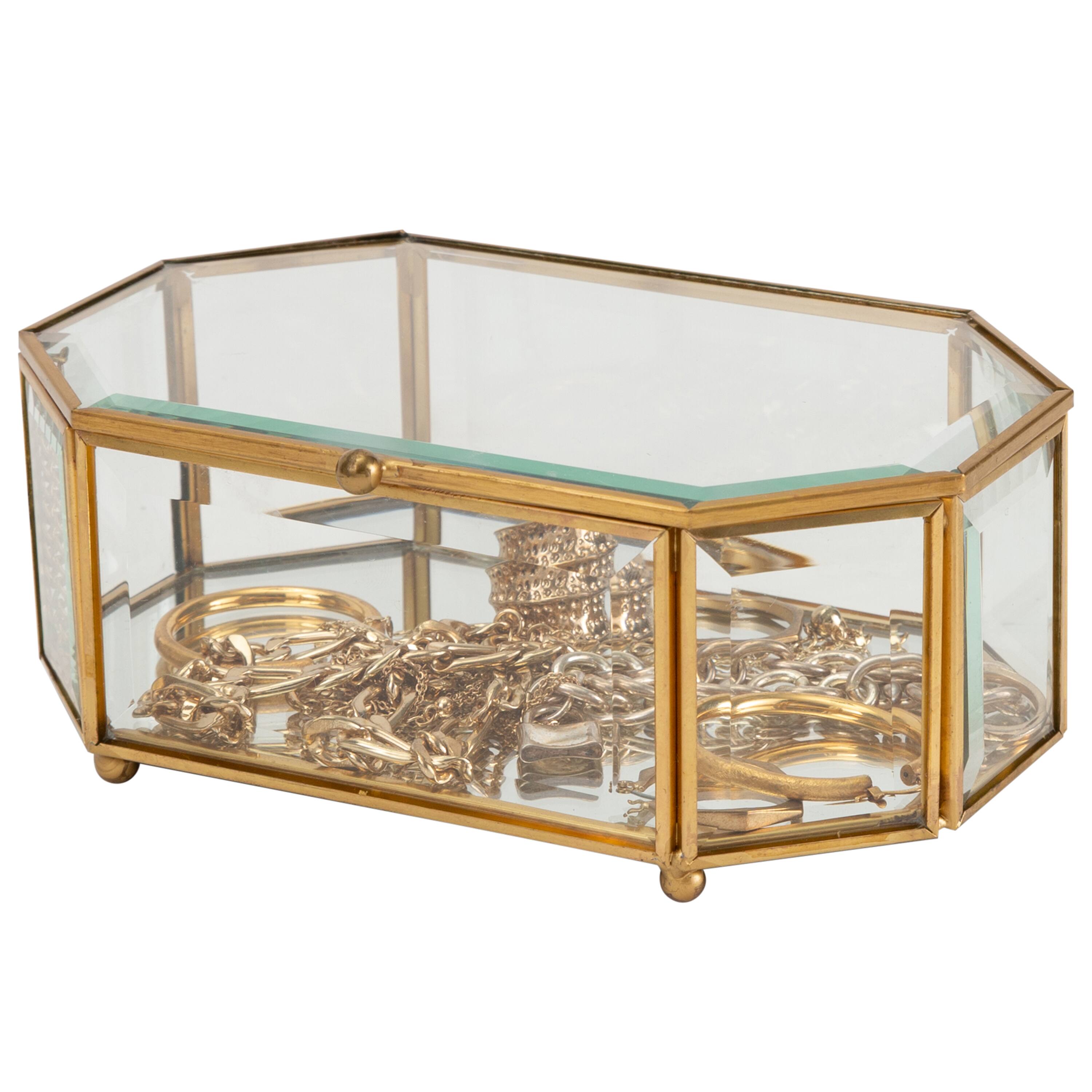 Home Details Large Gold Vintage Mirrored Bottom Octagonal Glass Keepsake Box