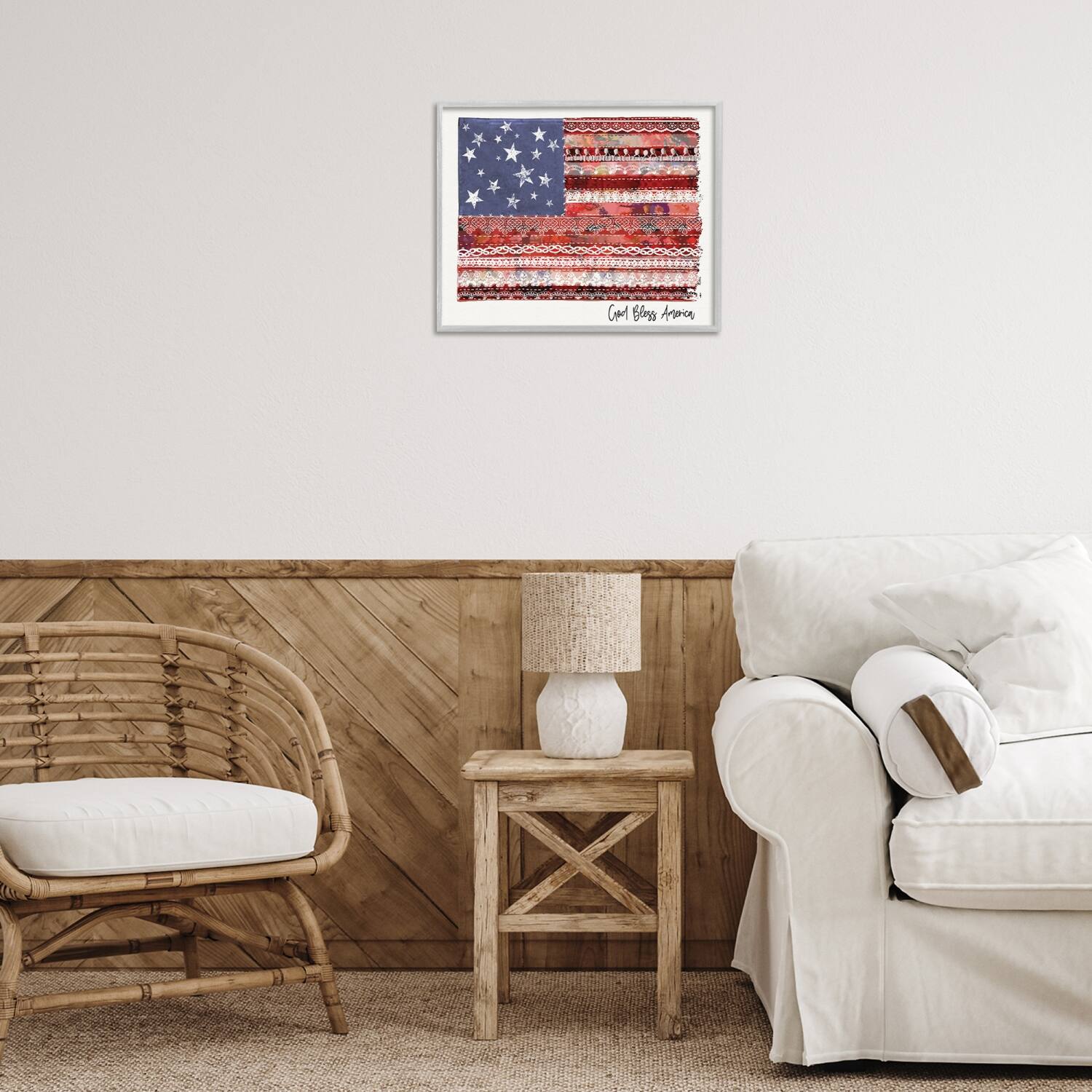 Stupell Industries God Bless America Phrase Macrame Pattern Flag Framed Giclee Art
