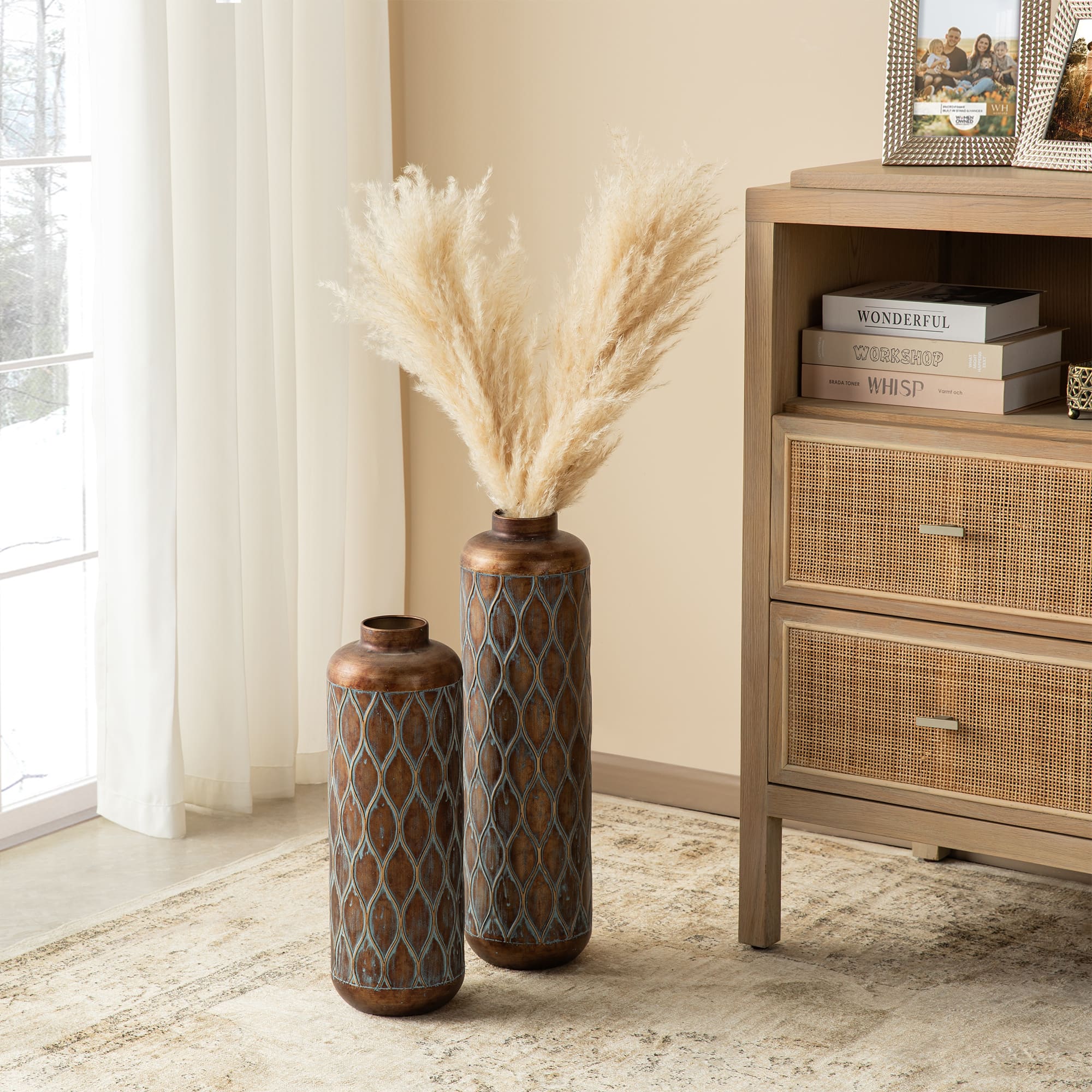 Glitzhome&#xAE; Antique Gold with Verdigris Finish Cylinder Metal Floor Vases Set
