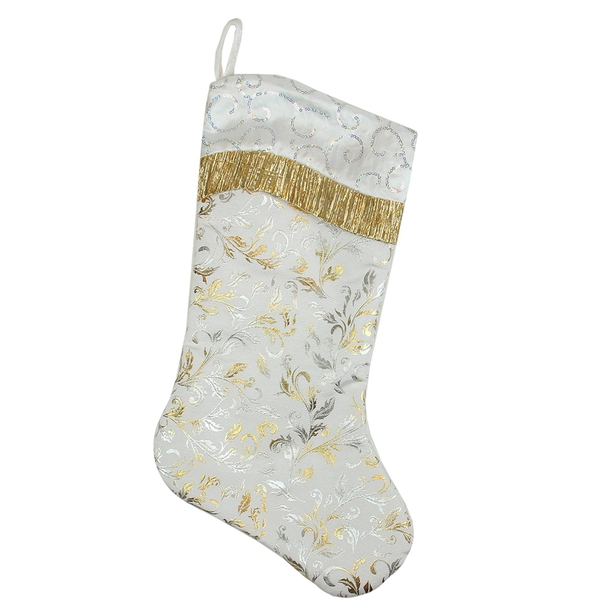 20.5" Silver & Gold Flourish Christmas Stocking with White Sequin Cuff