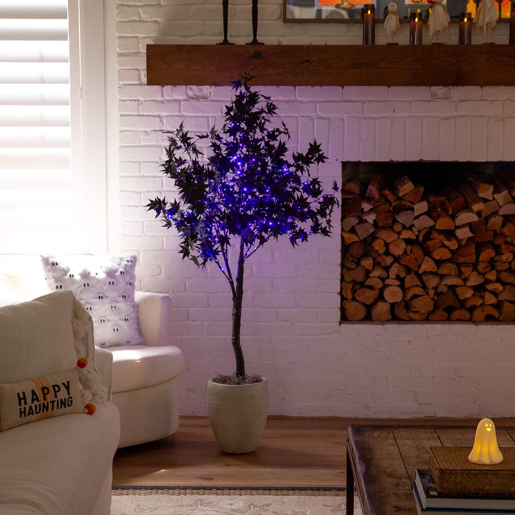 5ft. Pre-Lit Artificial Halloween Black Maple Tree with 240 Orange &#x26; Purple LED Lights