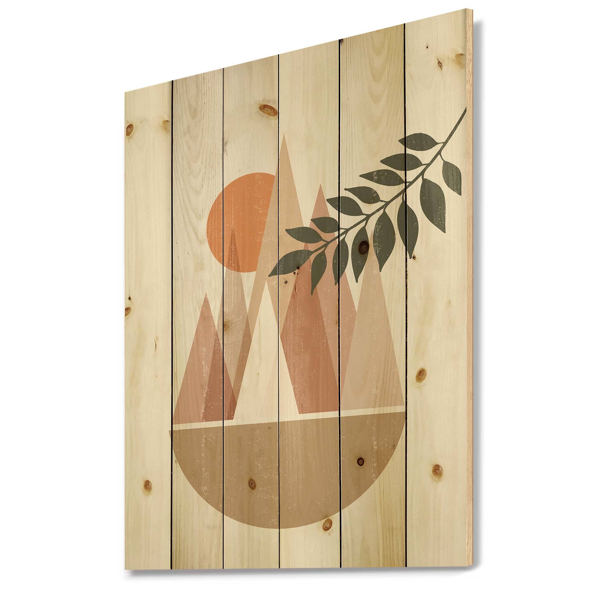 Designart - Abstract Sun and Moon In Mountains II - Modern Print on Natural Pine Wood