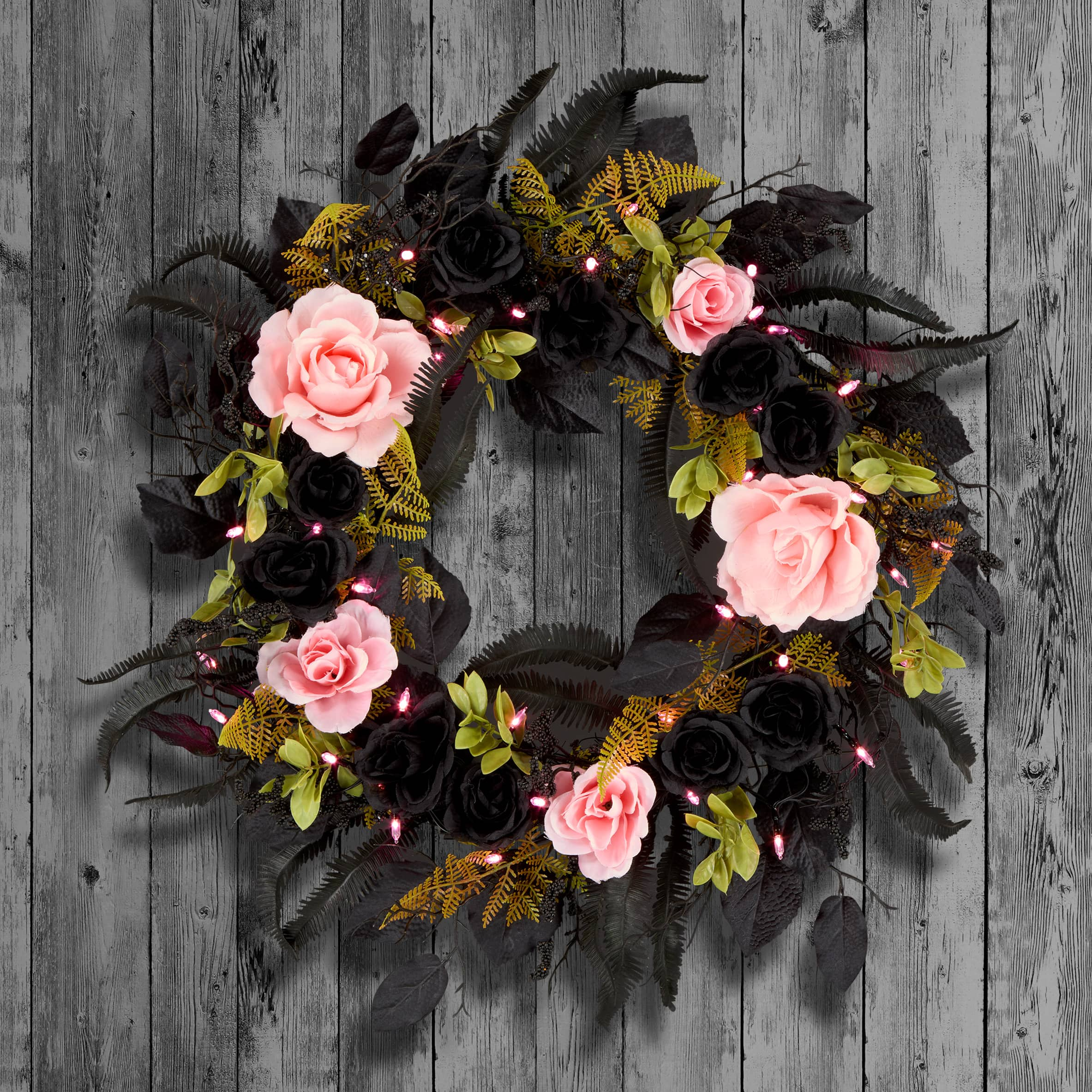 24&#x22; Cute &#x26; Creepy Black &#x26; Pink Flower Halloween Pre-Lit LED Wreath