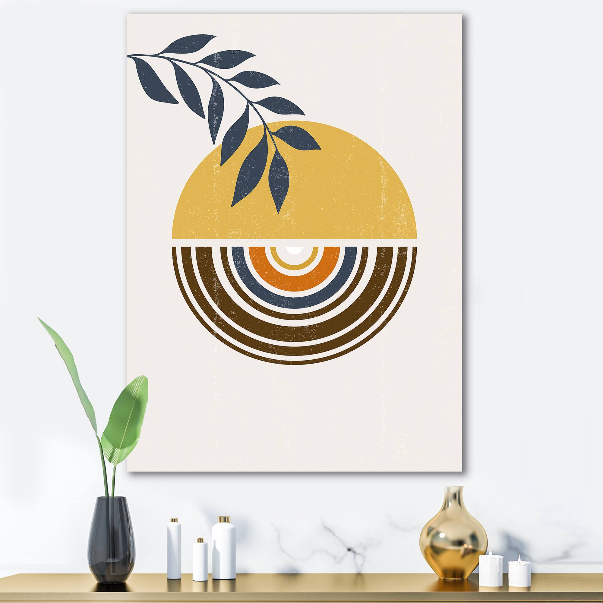Designart - Abstract Sun Moon Leaves III - Modern Canvas Wall Art Print