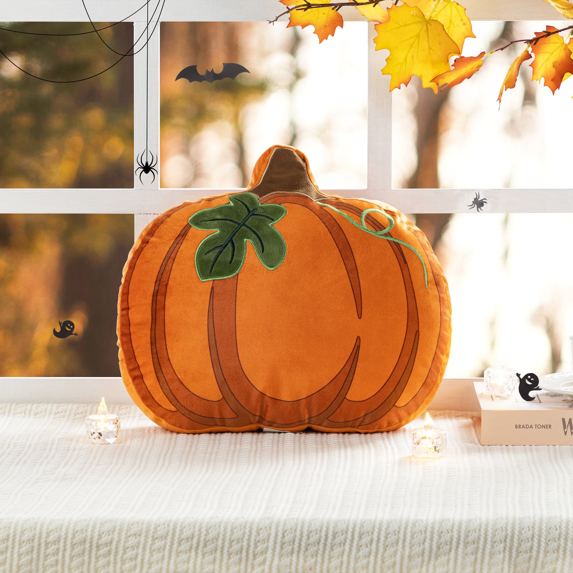 Glitzhome&#xAE; 15.5&#x22;L Fall and Halloween Fabric Double Sided Pumpkin Pillow