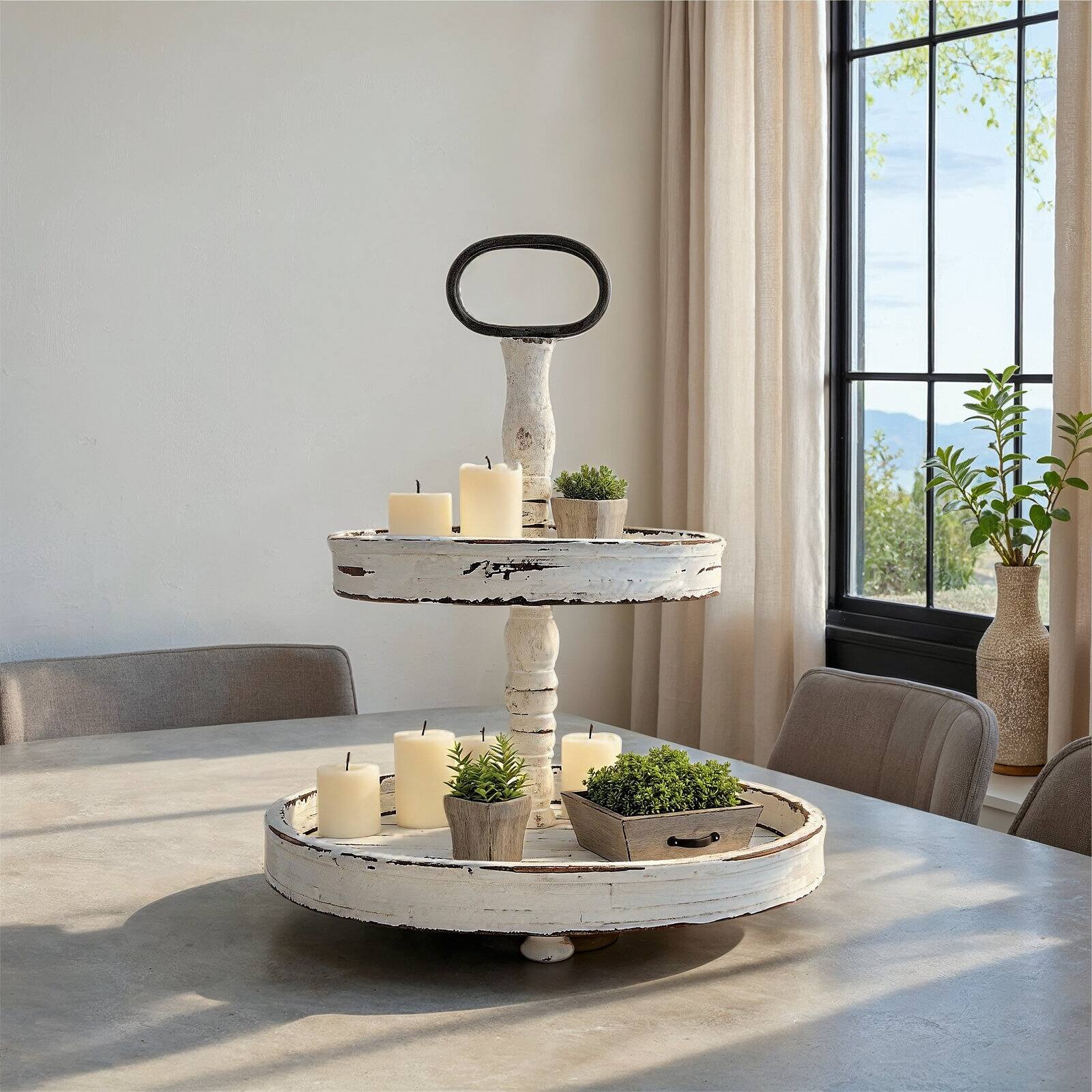 Hello Honey® 18.5" Distressed Cream Wood 2-Tier Tray