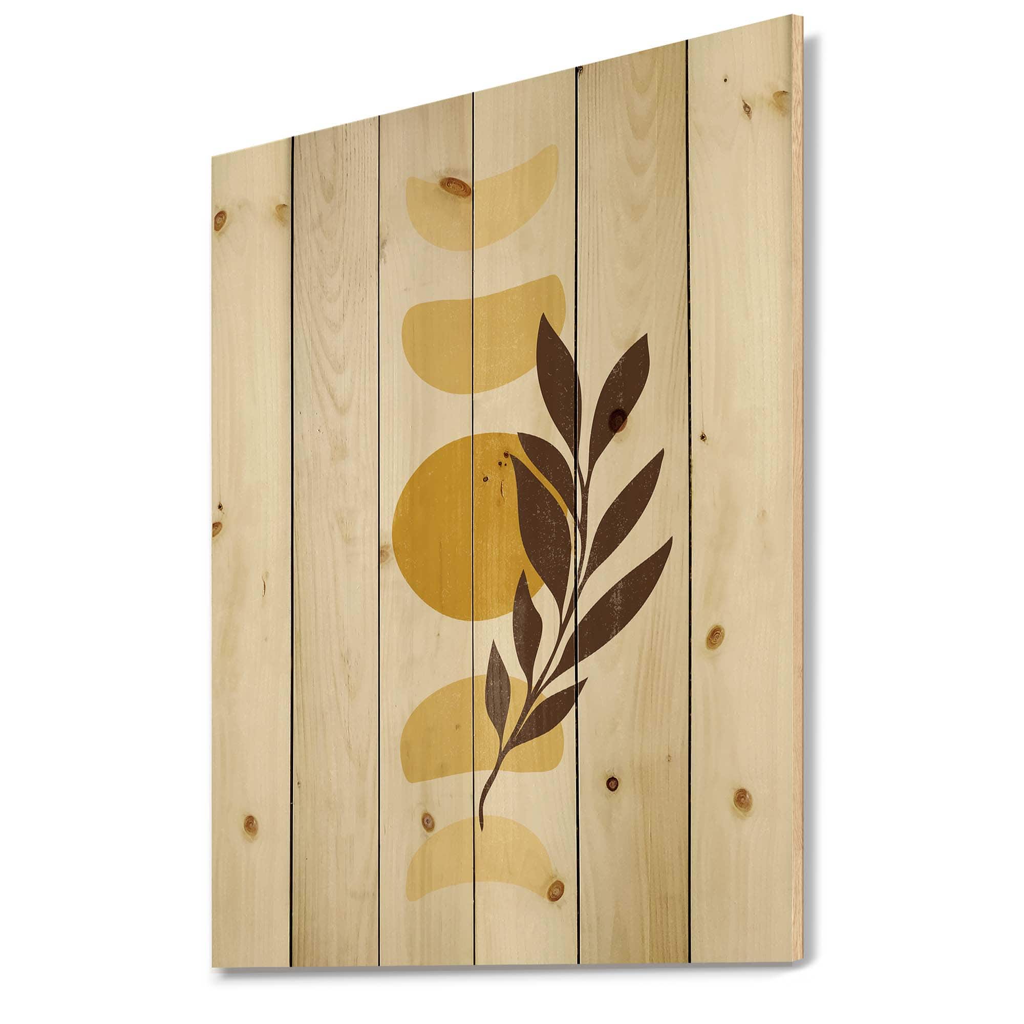 Designart - Abstract Geometrical Sun and Moon With Leaf VII - Modern Print on Natural Pine Wood