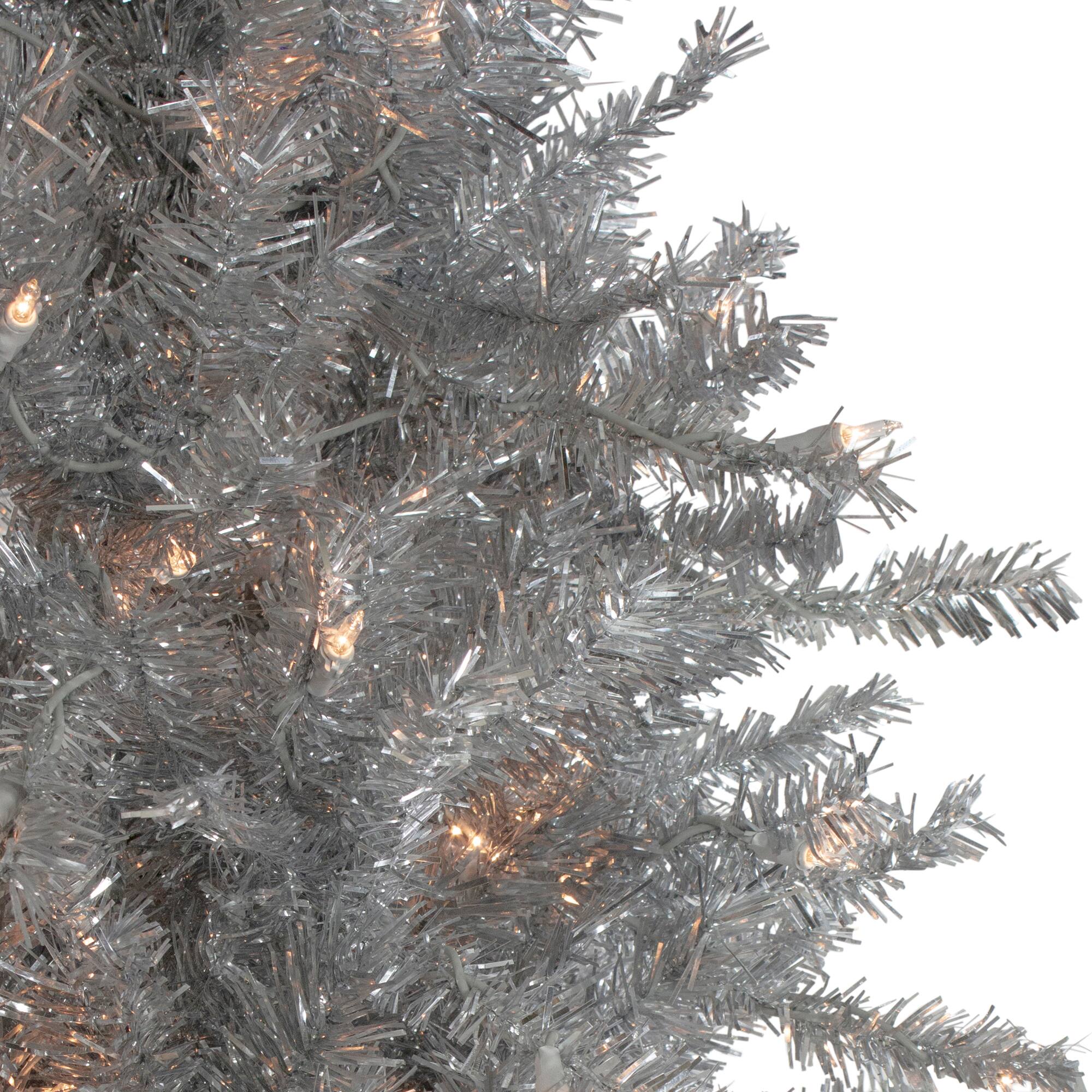 9ft. Pre-Lit Silver Noble Fir Tinsel Artificial Christmas Tree, Clear Lights
