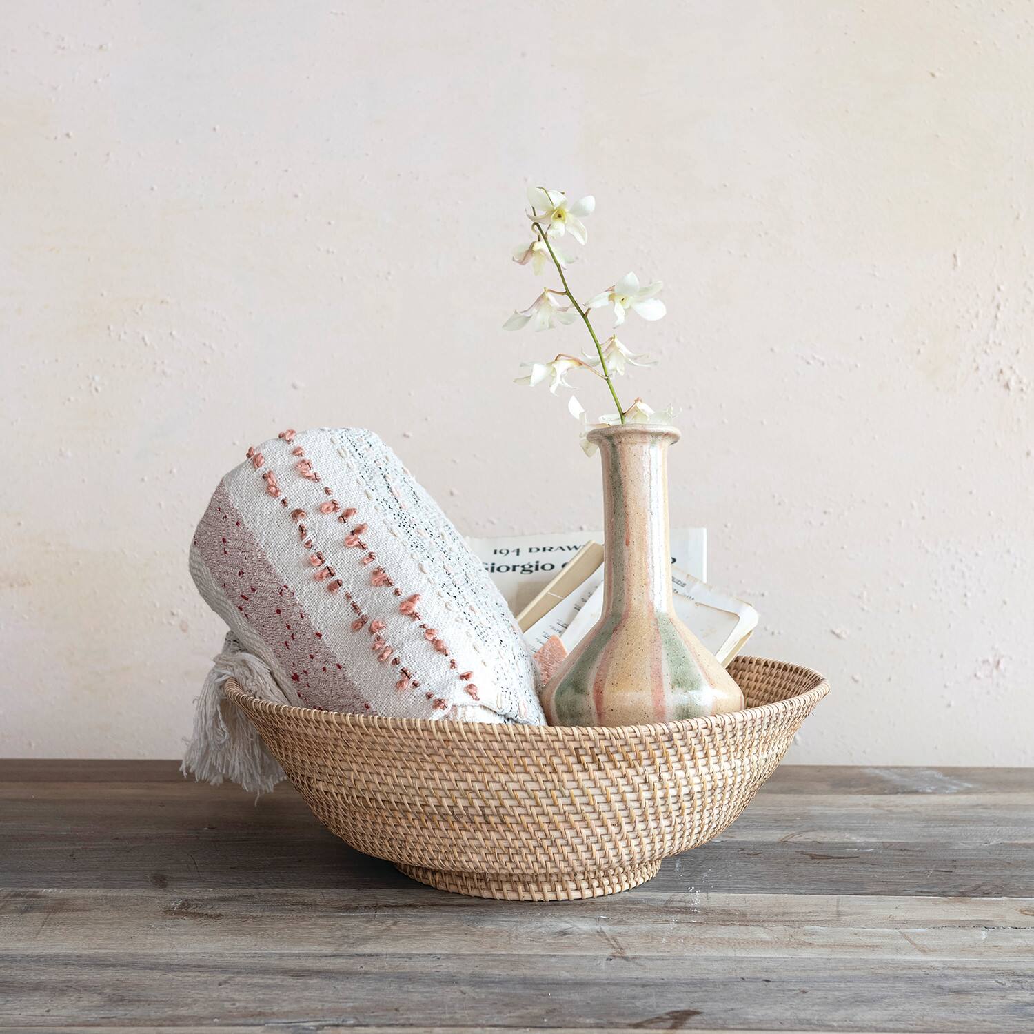 Hello Honey® 18" Natural Round Hand-Woven Rattan Footed Bowl