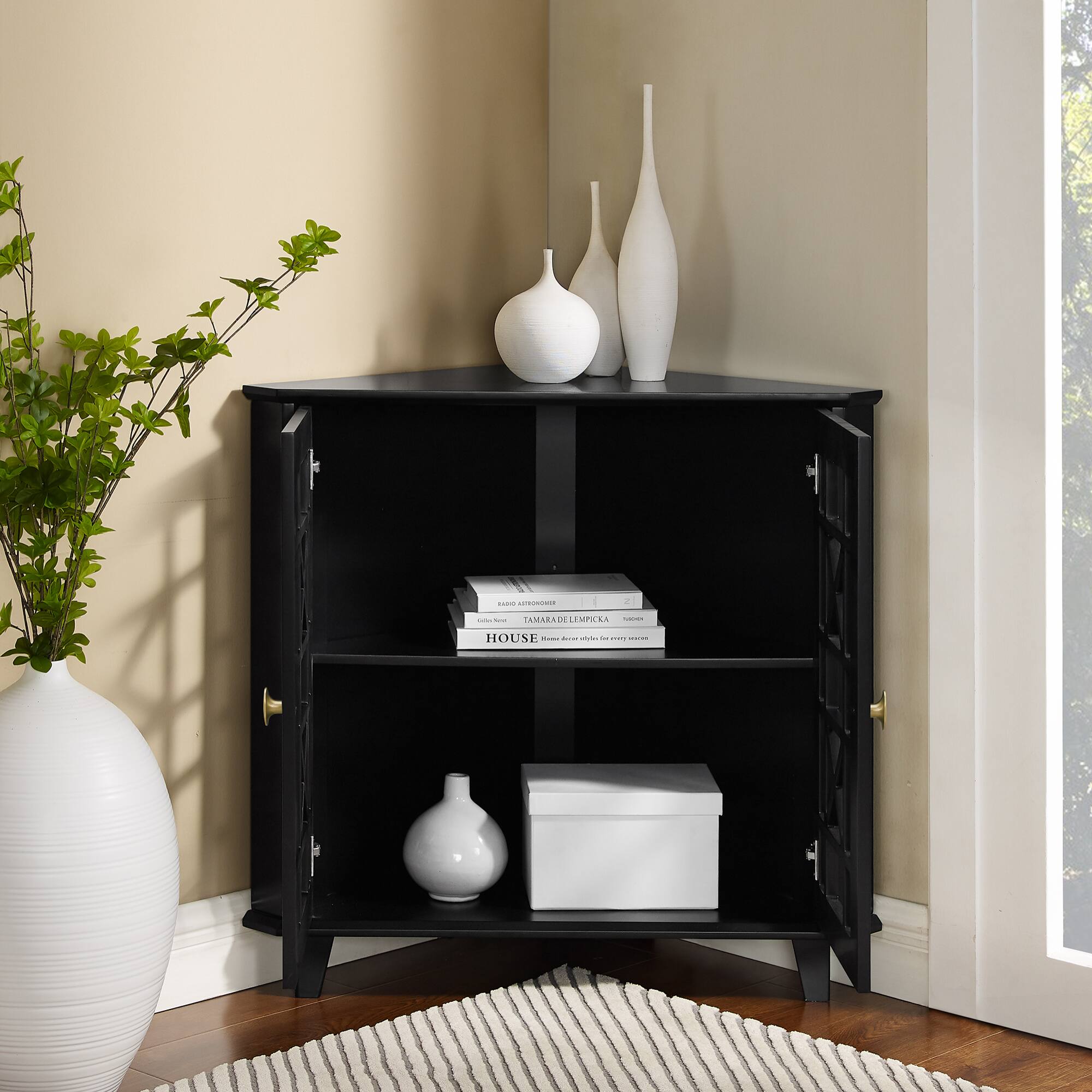 Walker Edison 30" Black Fretwork Corner Accent Cabinet